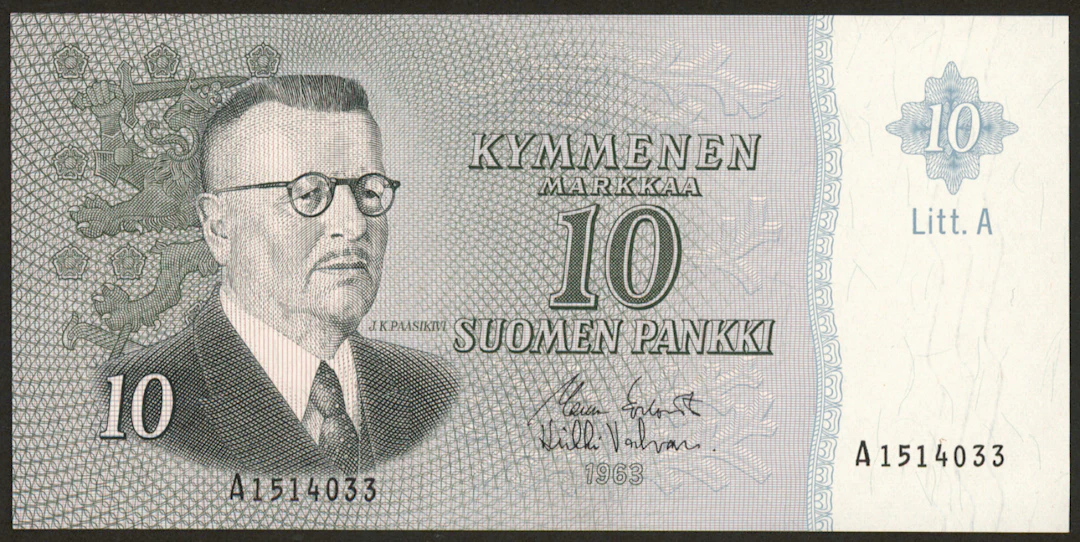 1963 10 markka Litt.A A1514033 KOI / Val. Watermark I. RARE, Valvanne