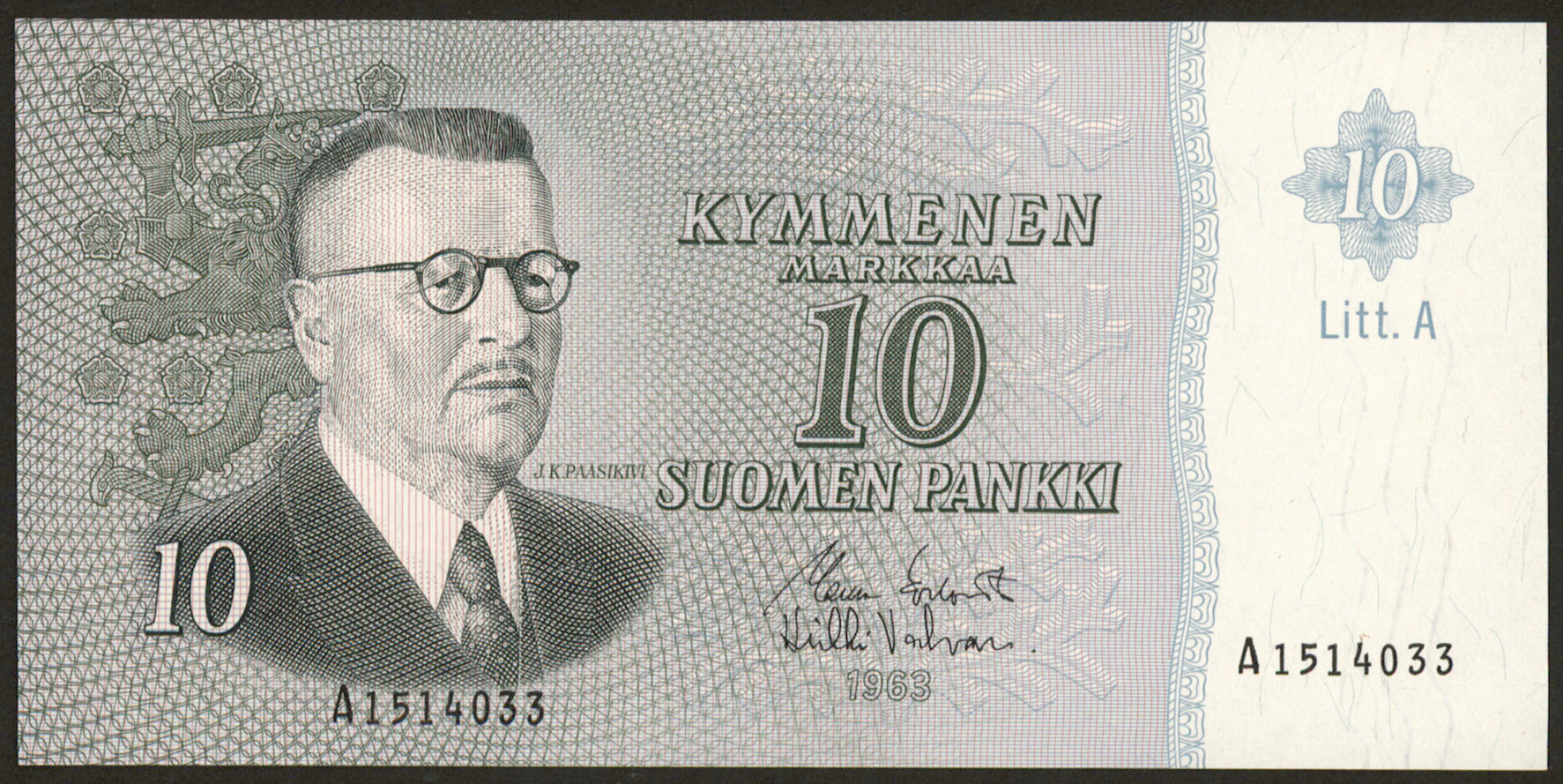 1963 10 markka Litt.A A1514033 KOI / Val. Watermark I. RARE, Valvanne