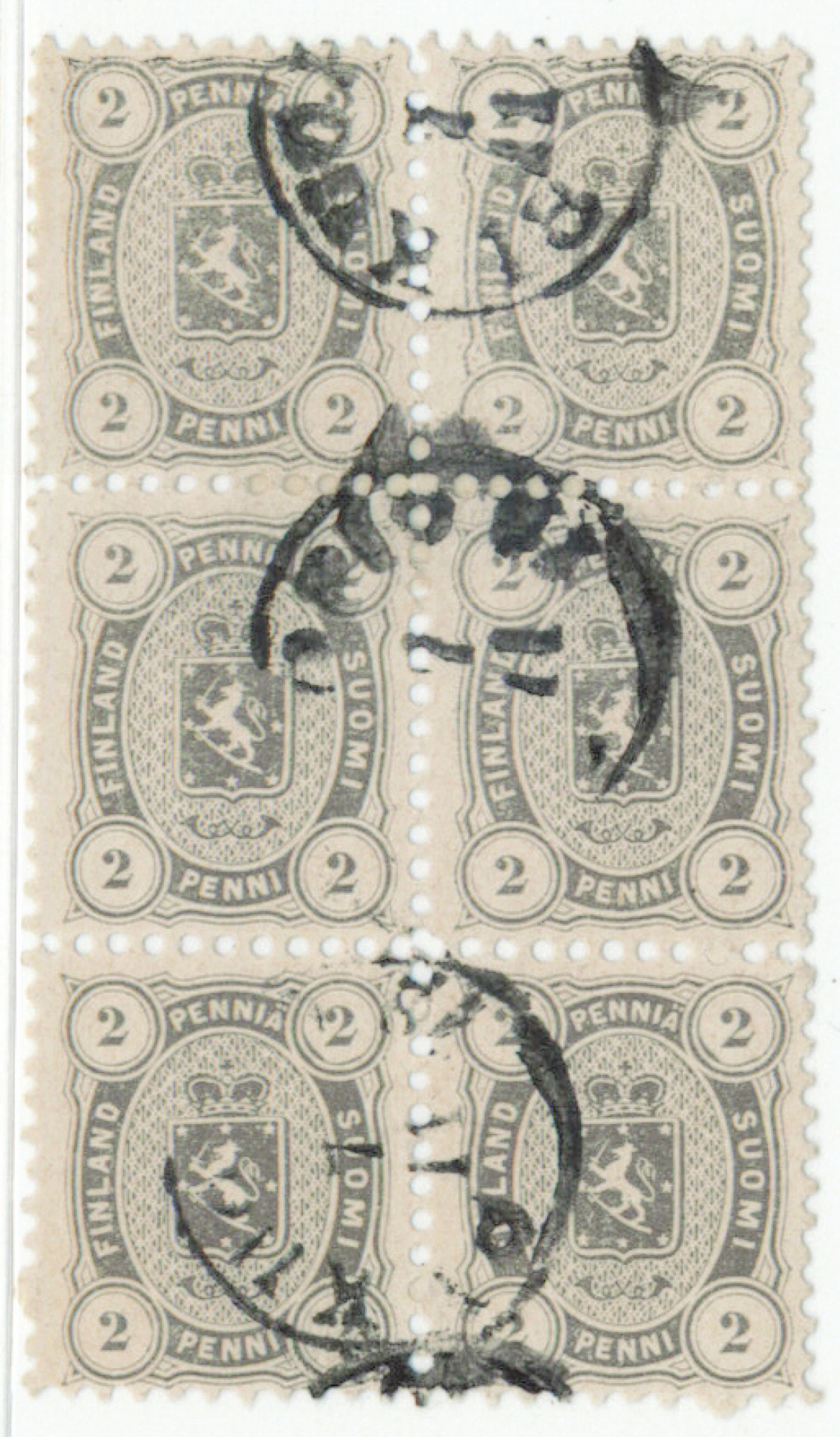 2 penni black-gray, block of six with a slightly unclear Kuopio cancellation.