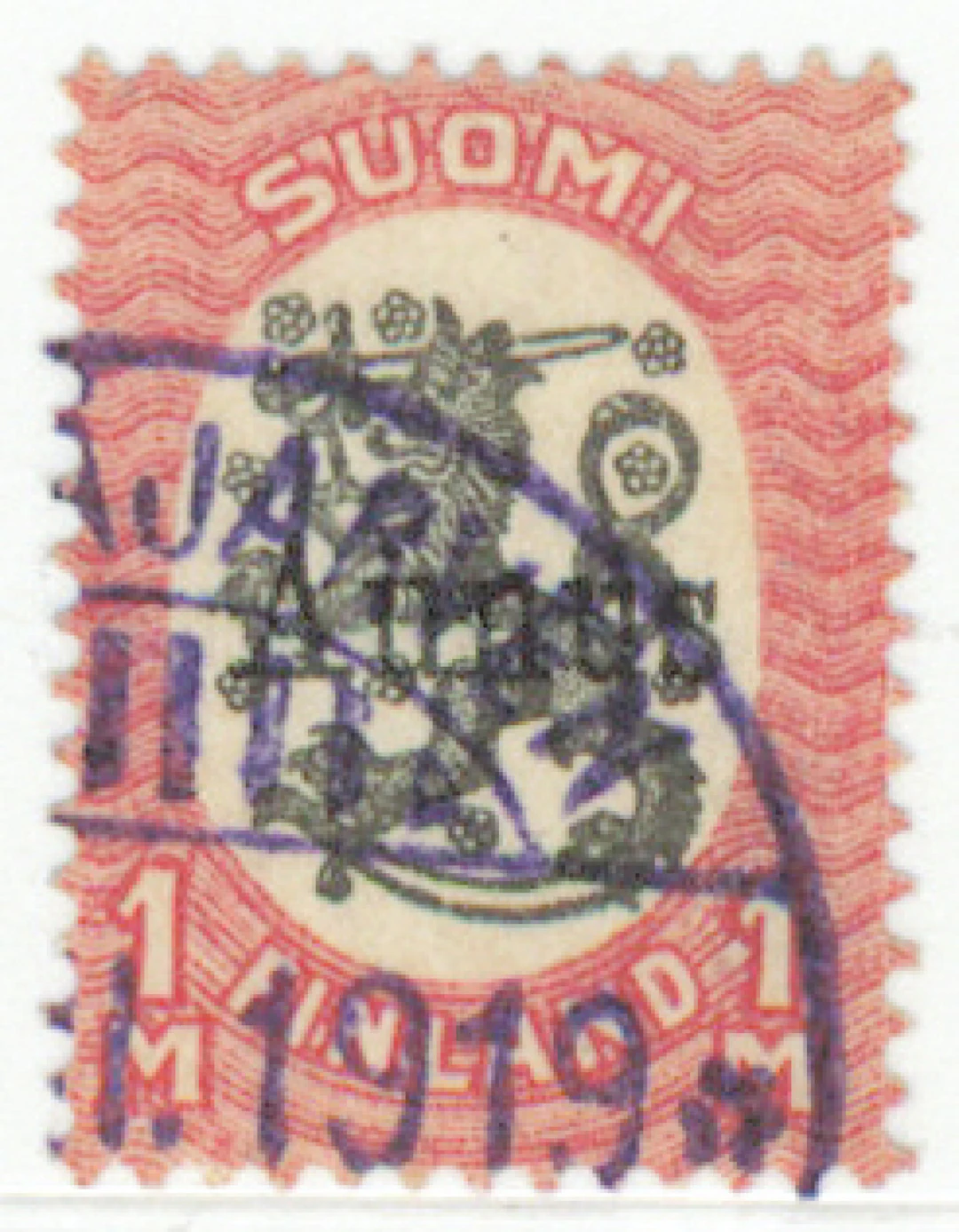 1 markka beautiful violet Säämäjärvi Post Office 1919. Certificate: