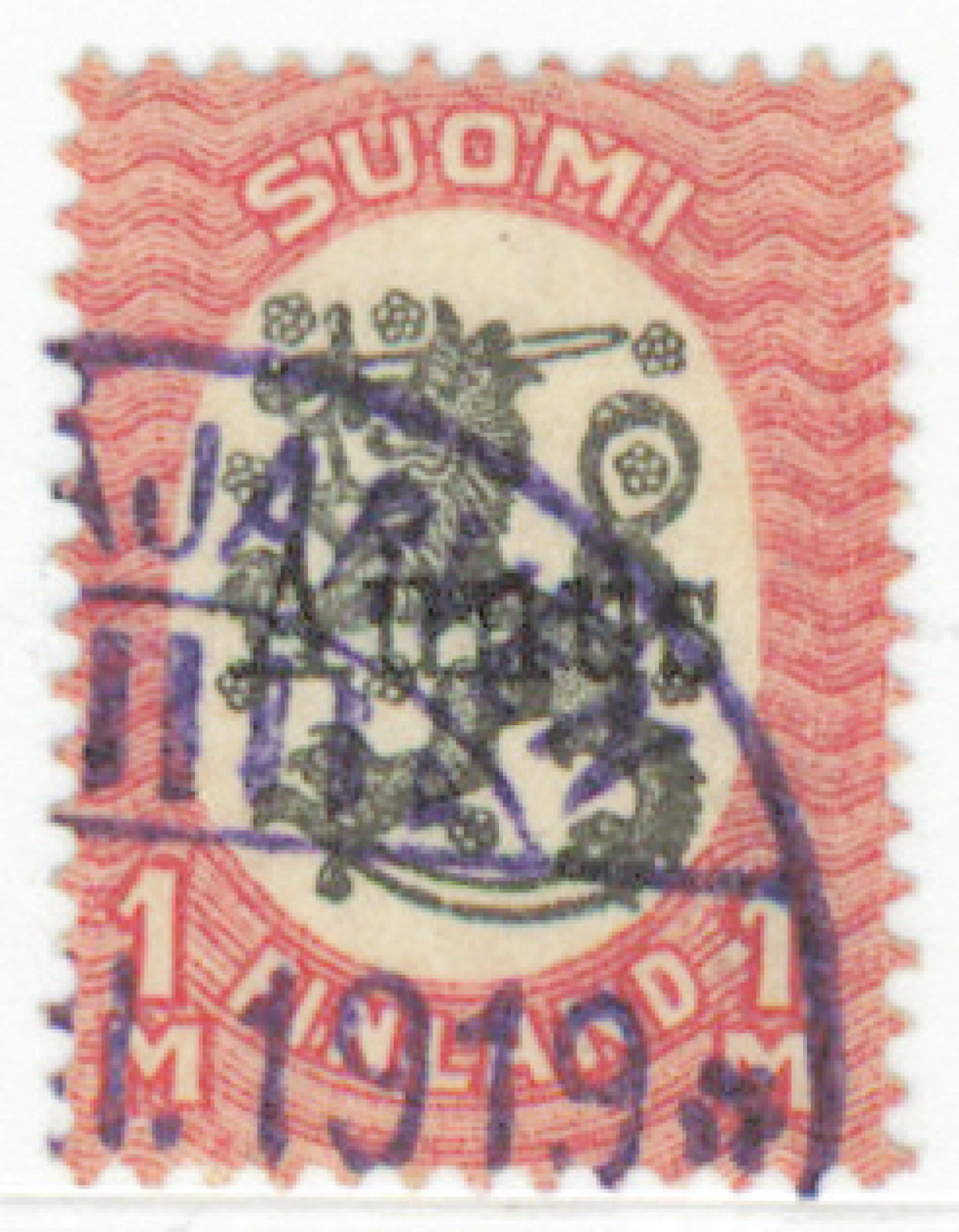 1 markka beautiful violet Säämäjärvi Post Office 1919. Certificate: