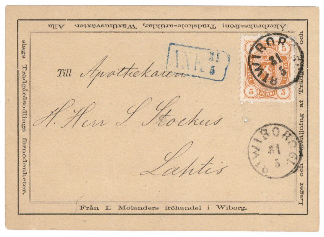 5 penni yellow-orange on a printed matter card in superb condition