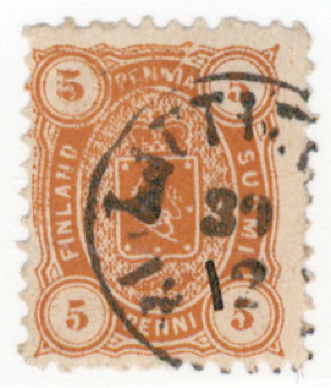 5 penni brownish yellow, where a partial DOUBLE PRINT in the upper