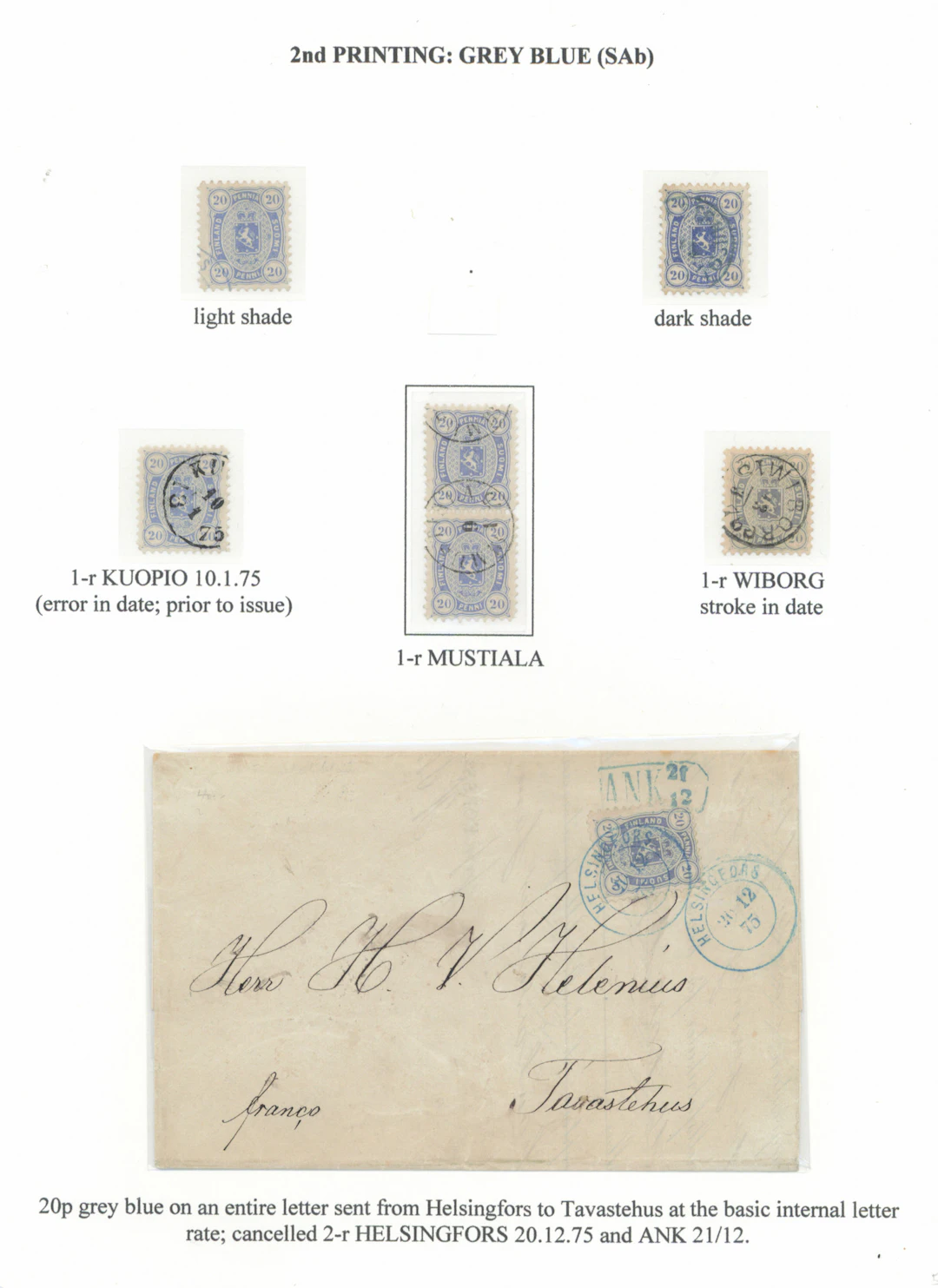 20 penni collection page of stamps from the Senate printing 2nd printing