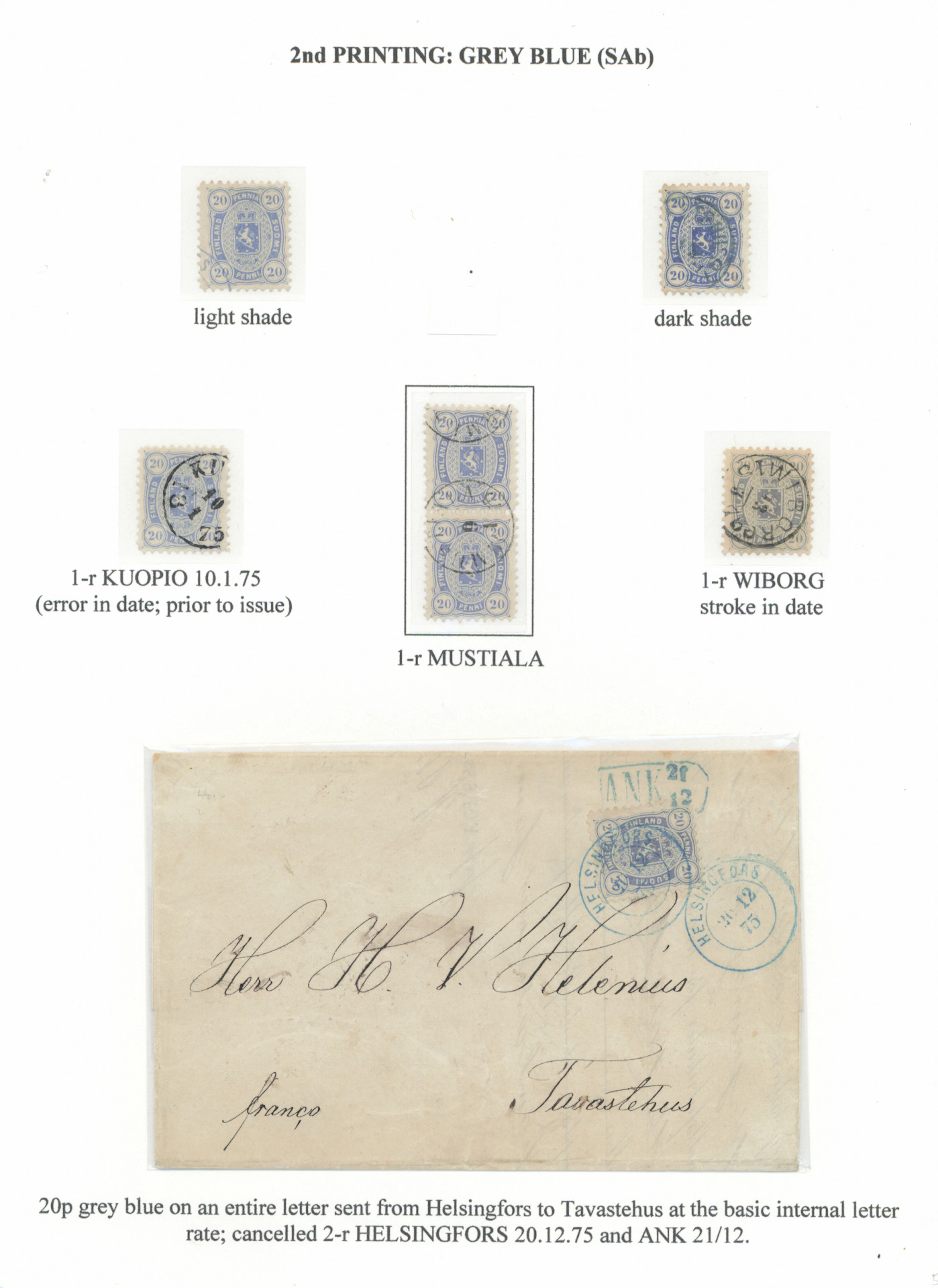 20 penni collection page of stamps from the Senate printing 2nd printing