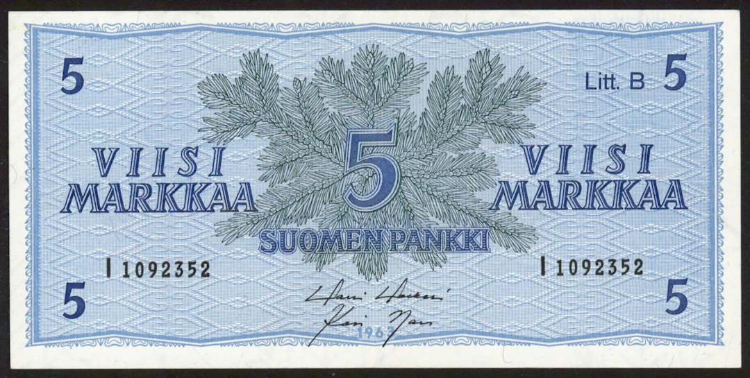 1963 5 markka Litt.B I1092352 HOL/Nar REPLACEMENT WITHOUT STAR. Center