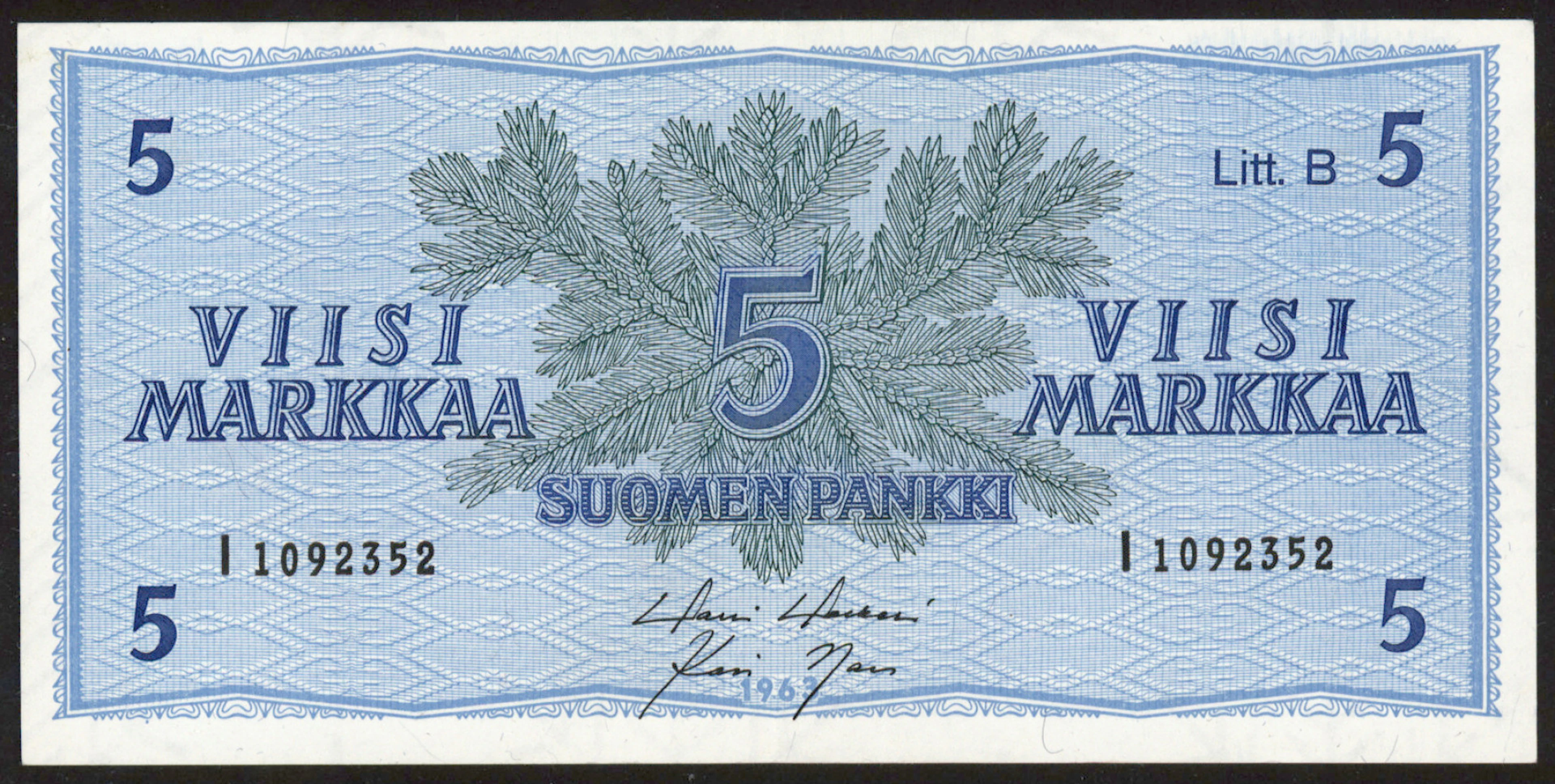 1963 5 markka Litt.B I1092352 HOL/Nar REPLACEMENT WITHOUT STAR. Center