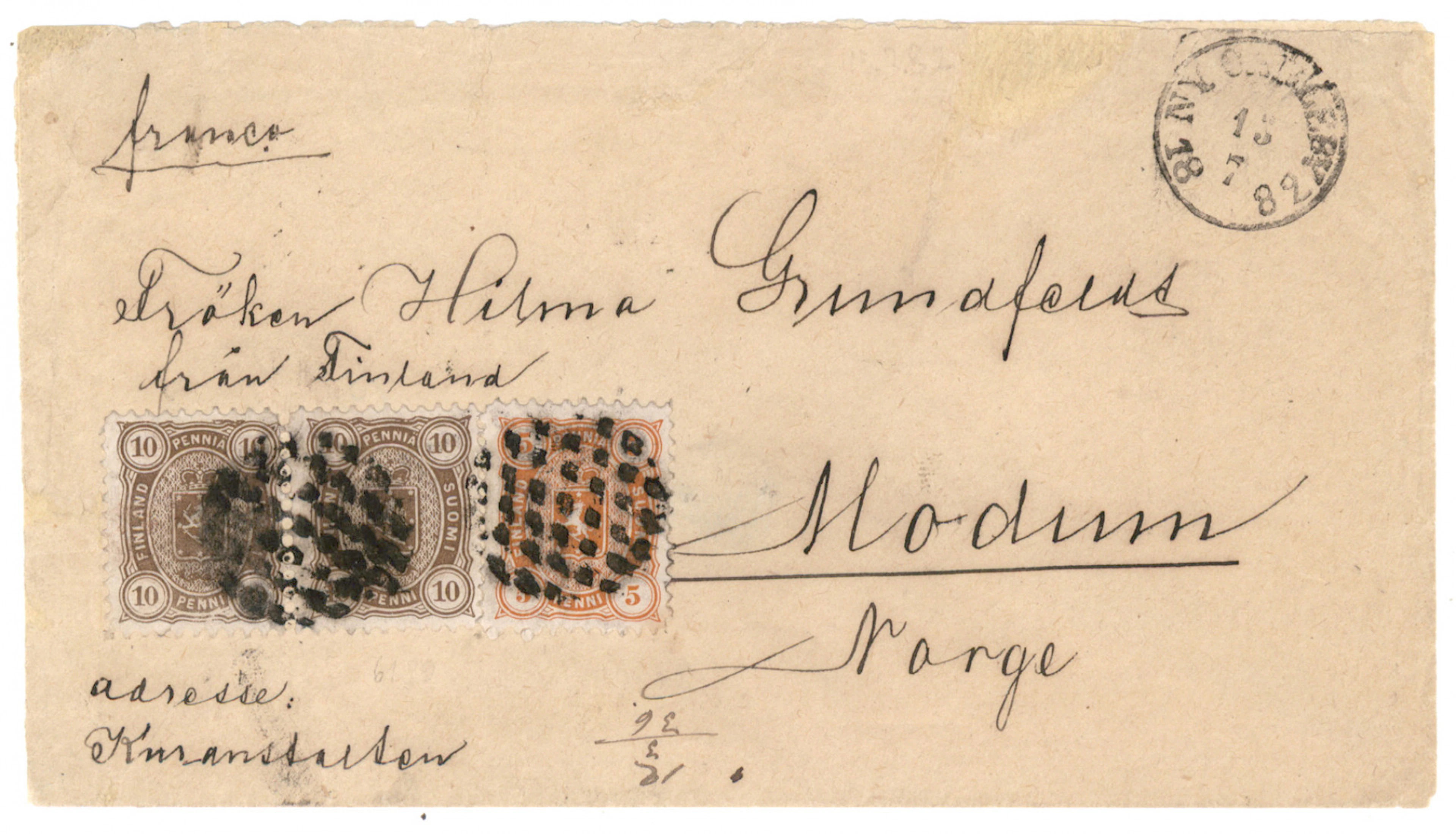 10 penni dark olive-brown pair and 5 penni reddish orange perforation