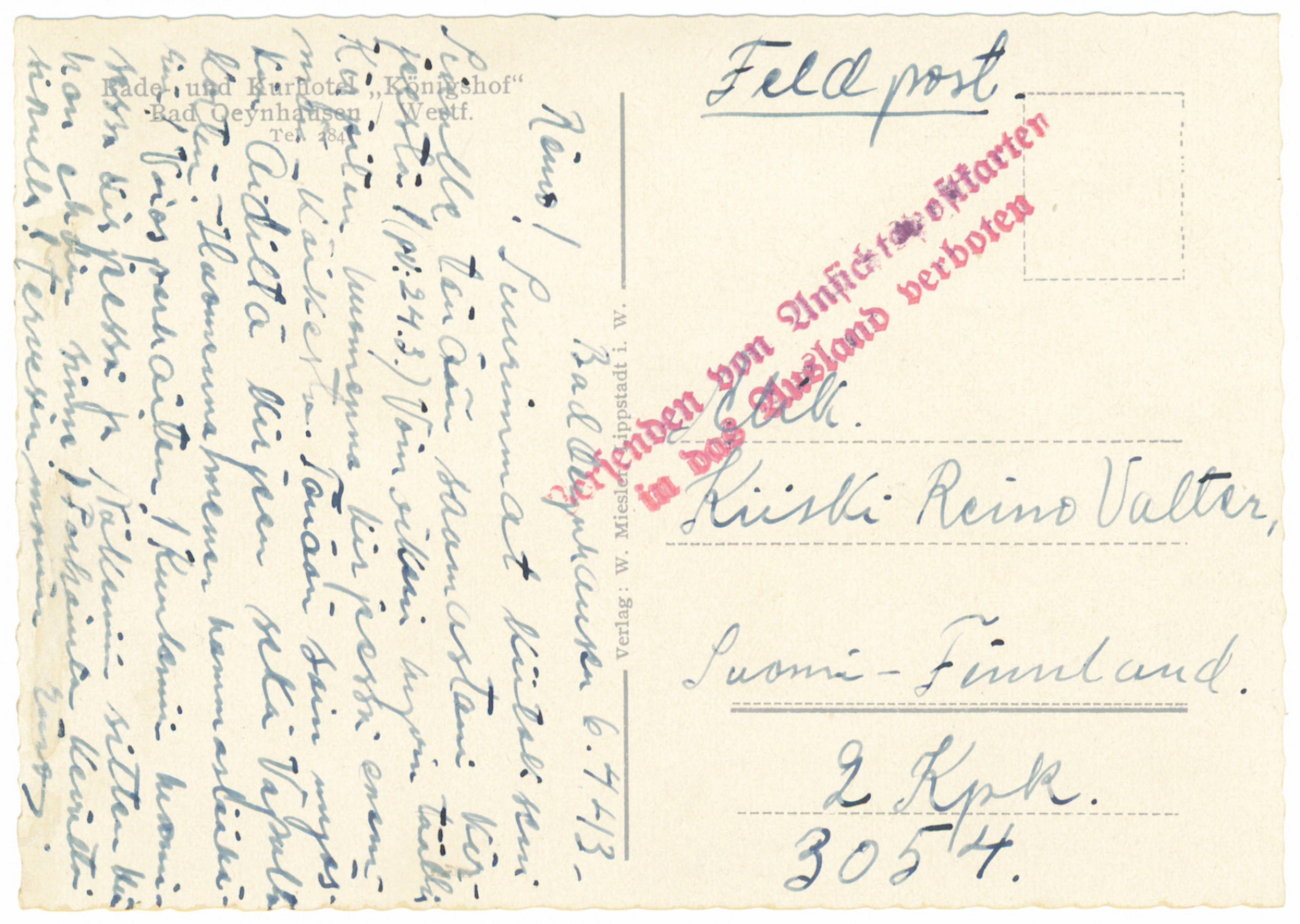 SS volunteer mail: field post postcard from a military hospital to