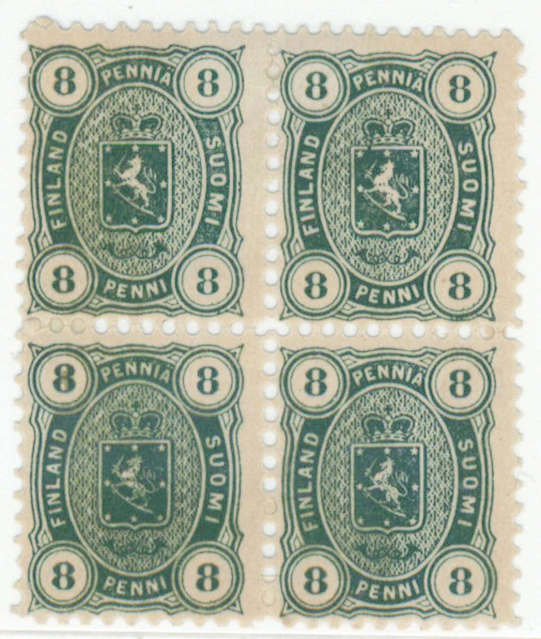 8 penni dark green, thin paper. Fine mint * block of four - the largest