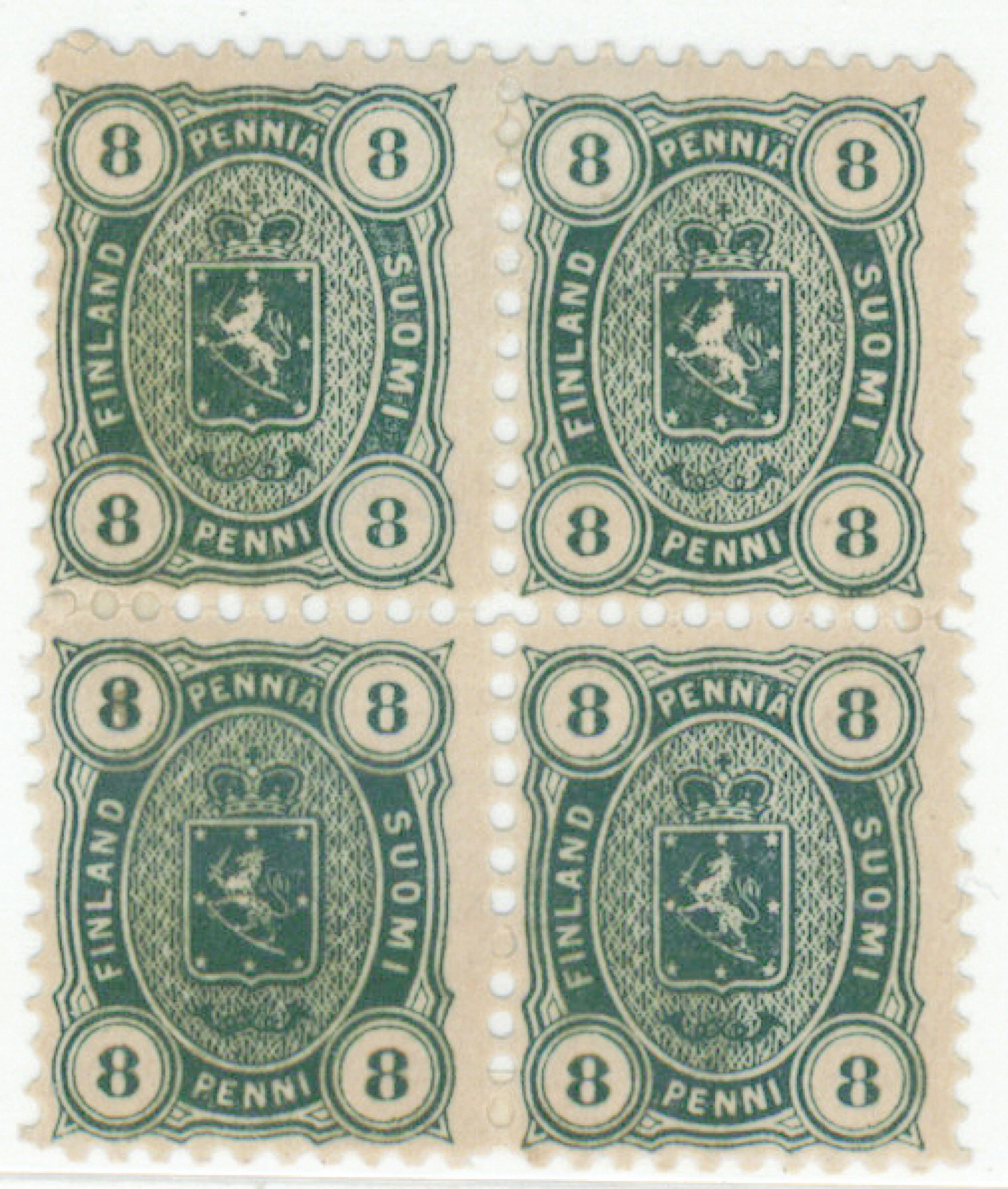 8 penni dark green, thin paper. Fine mint * block of four - the largest