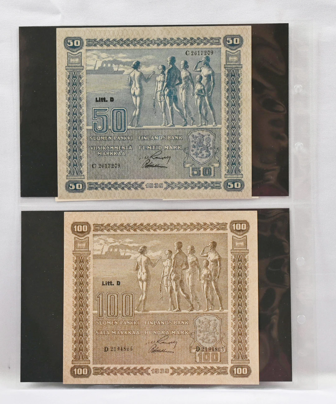 1939 selection from 5 markka to 100 markka five different, condition 0-/01
