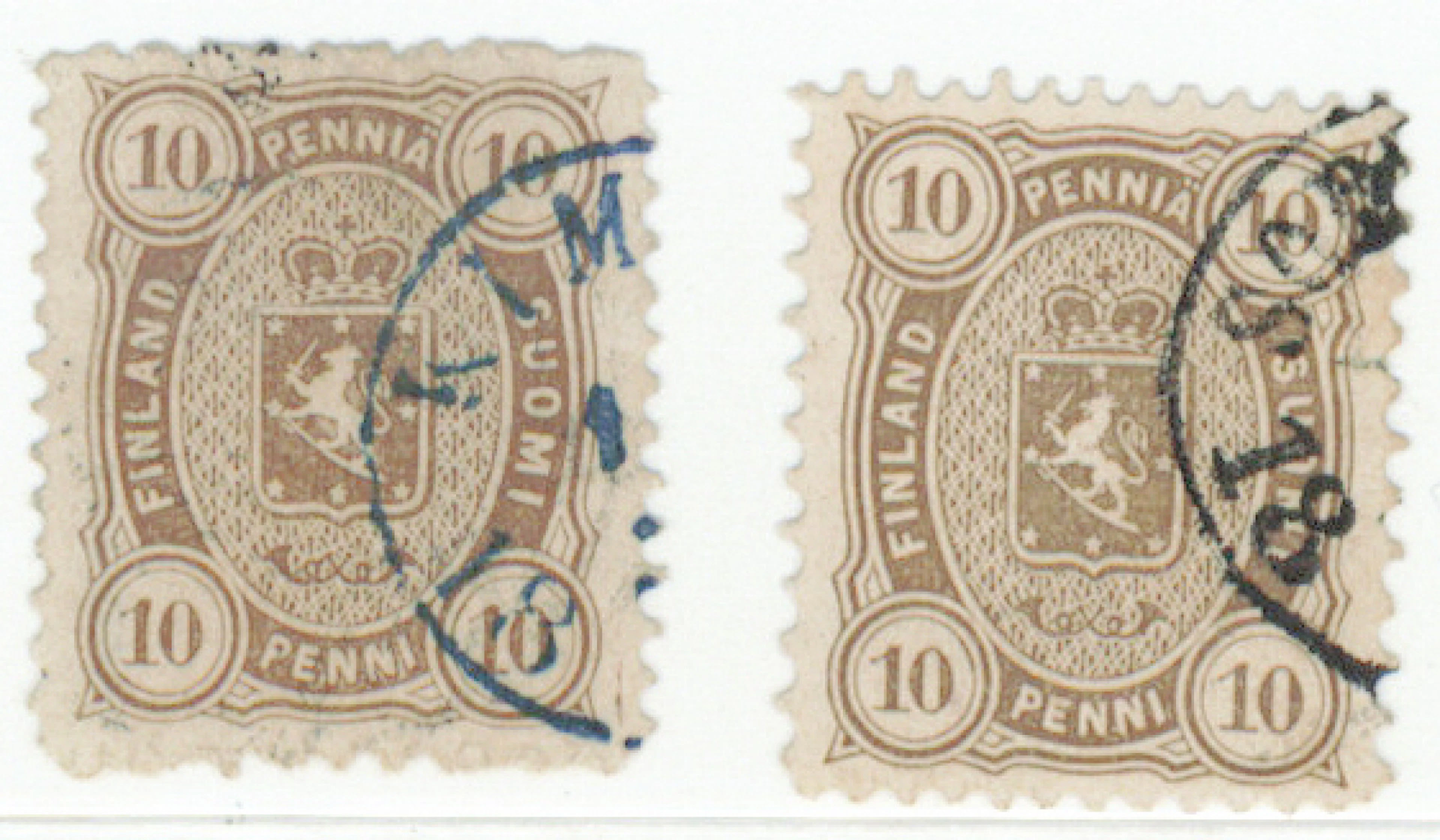 10 penni light olive-brown, perforation 11 x 12½ and 12½ x 11 used.