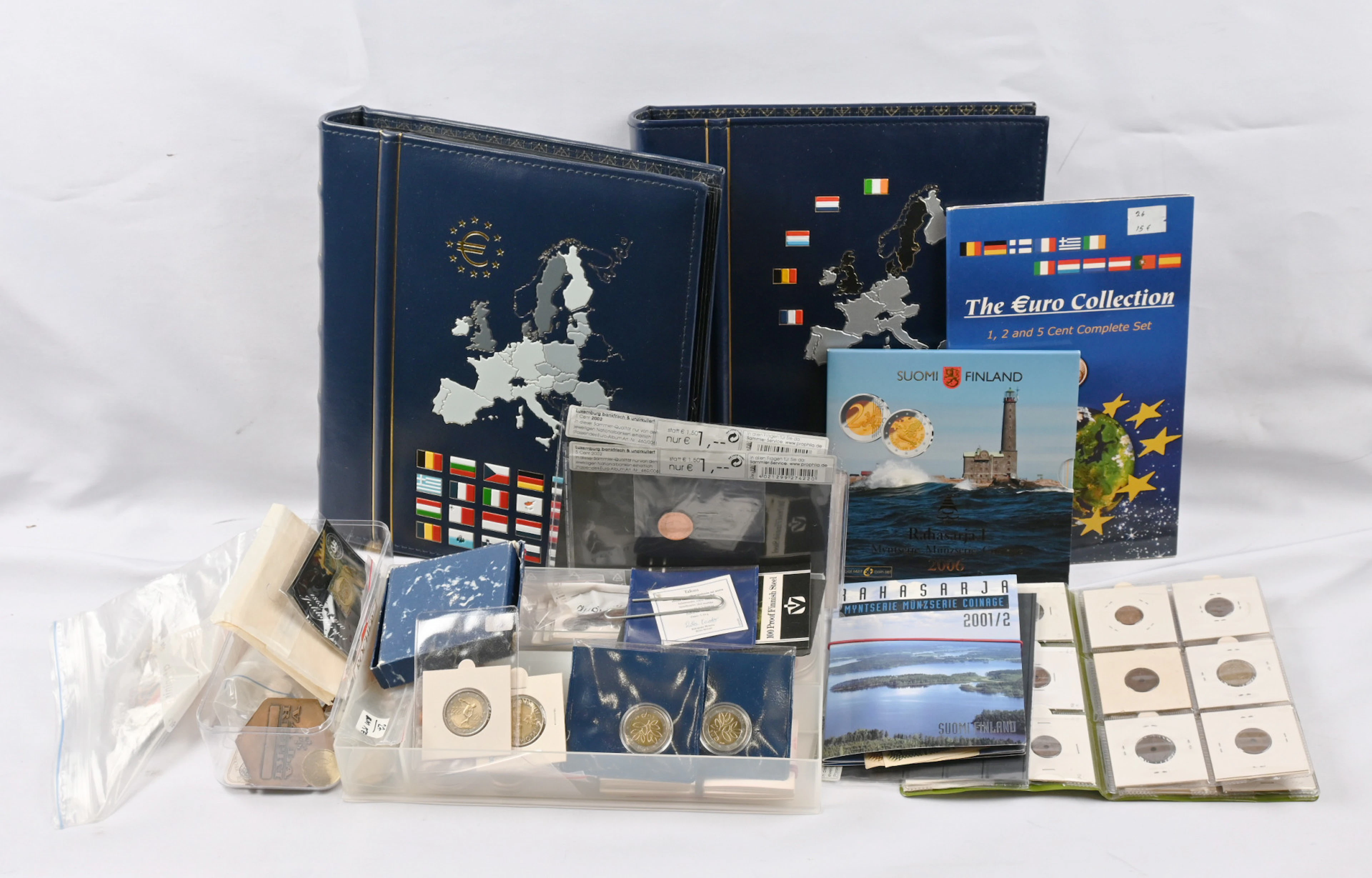 Box including euro collection in two albums and loose material. Including