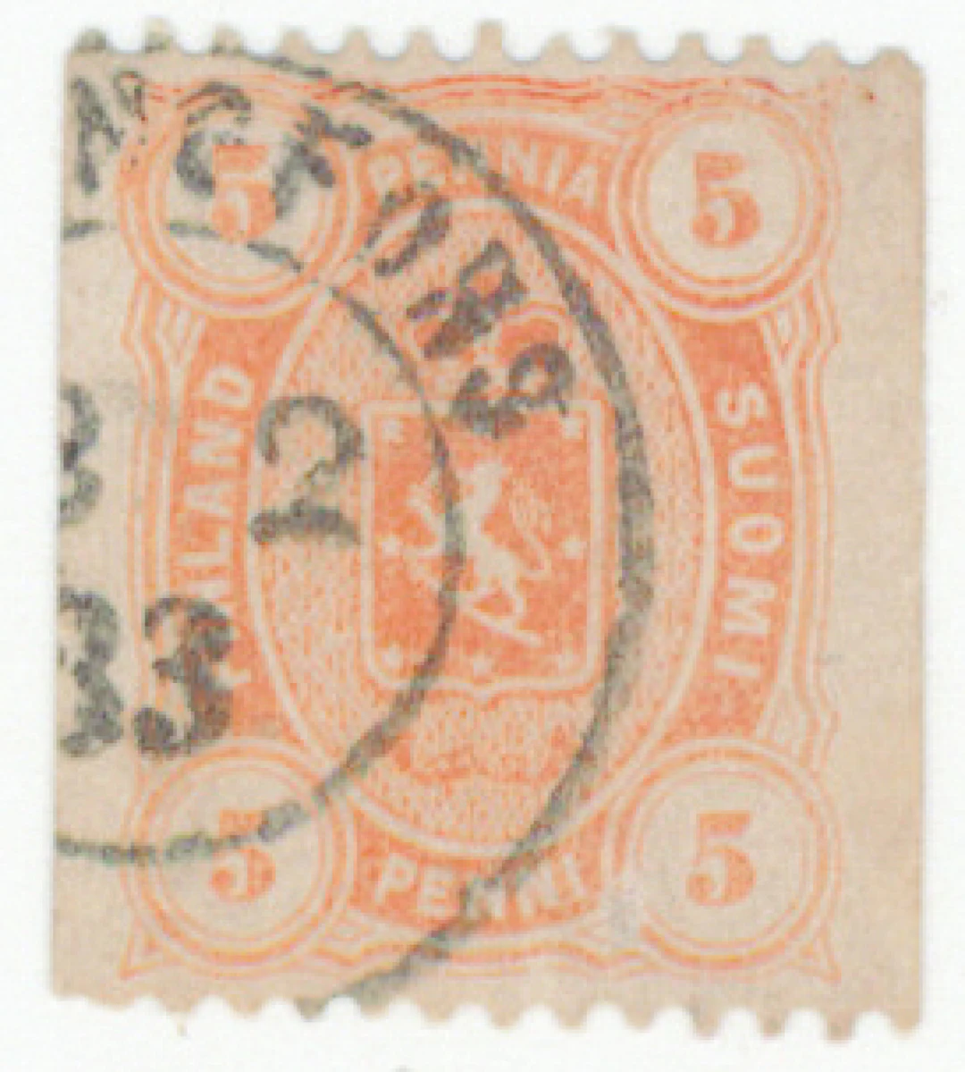 5 penni orange, vertically IMPERFORATE. Beautiful Helsingfors xx.2.83.