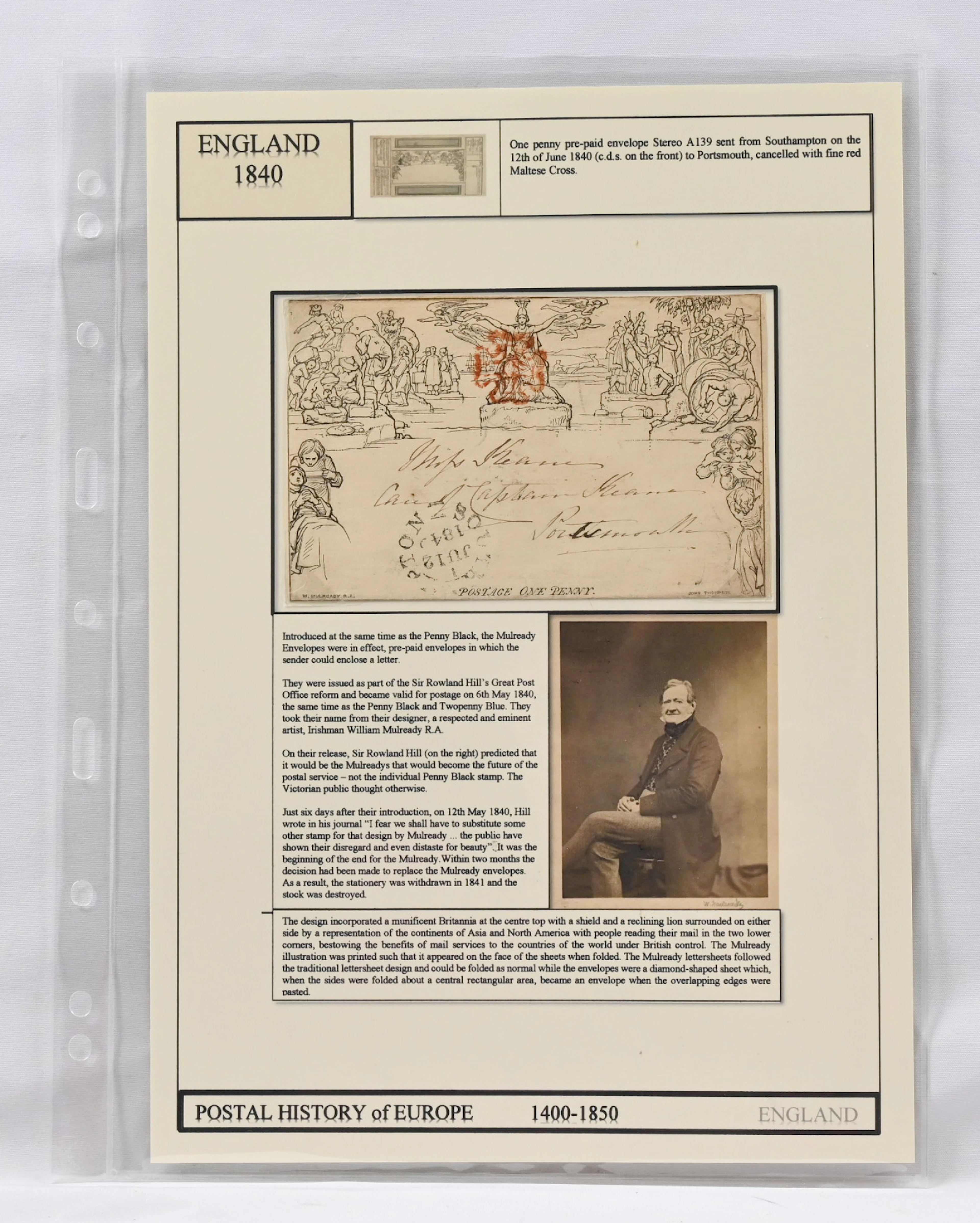 1840 Mulready stationery envelope, stereo A139, sent from Southampton