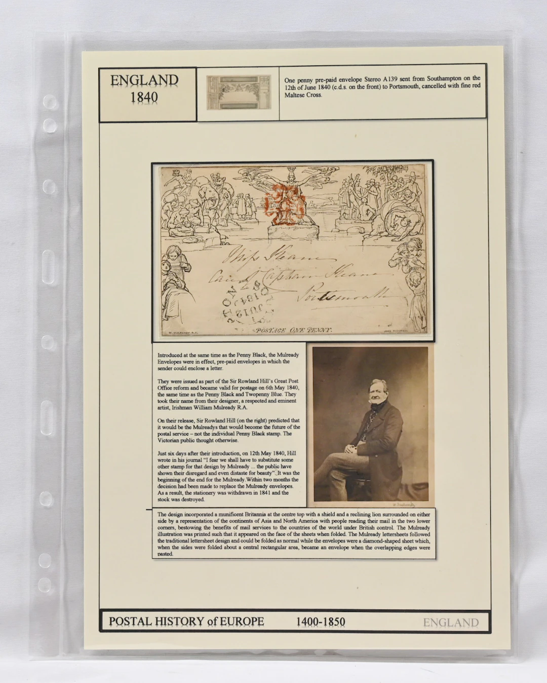 1840 Mulready stationery envelope, stereo A139, sent from Southampton