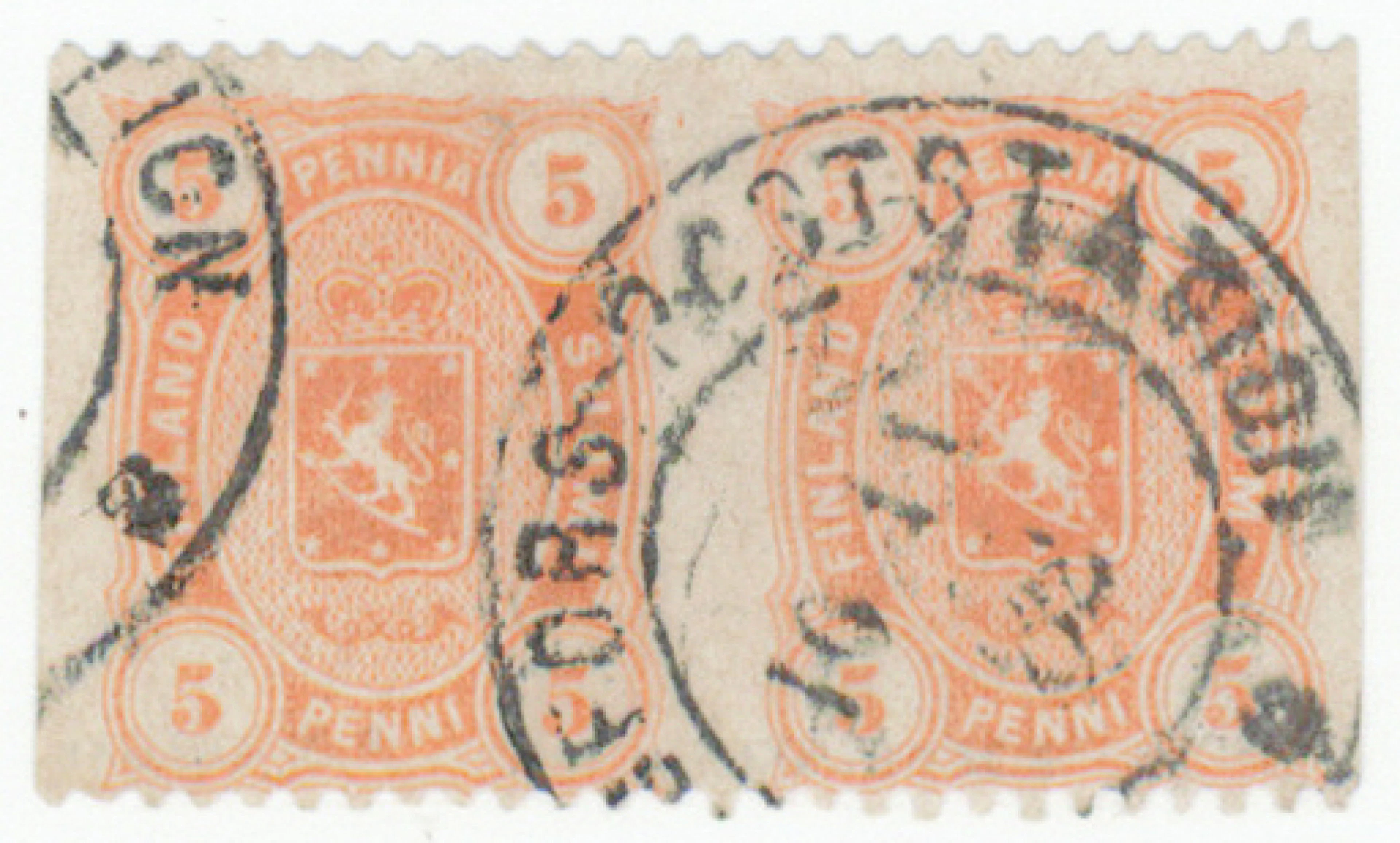 5 penni orange, vertically IMPERFORATE pair. Beautiful Helsingfors