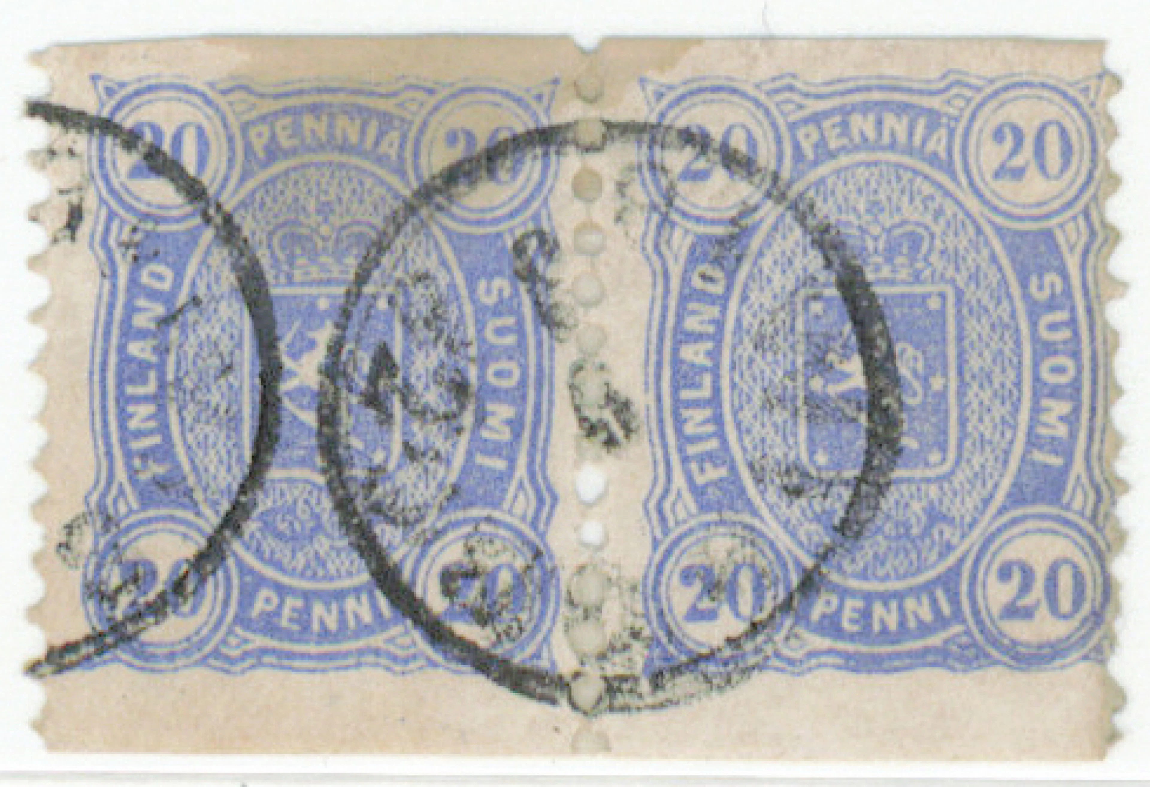 20 penni blue combined pair, where horizontal sides imperforate. Neat