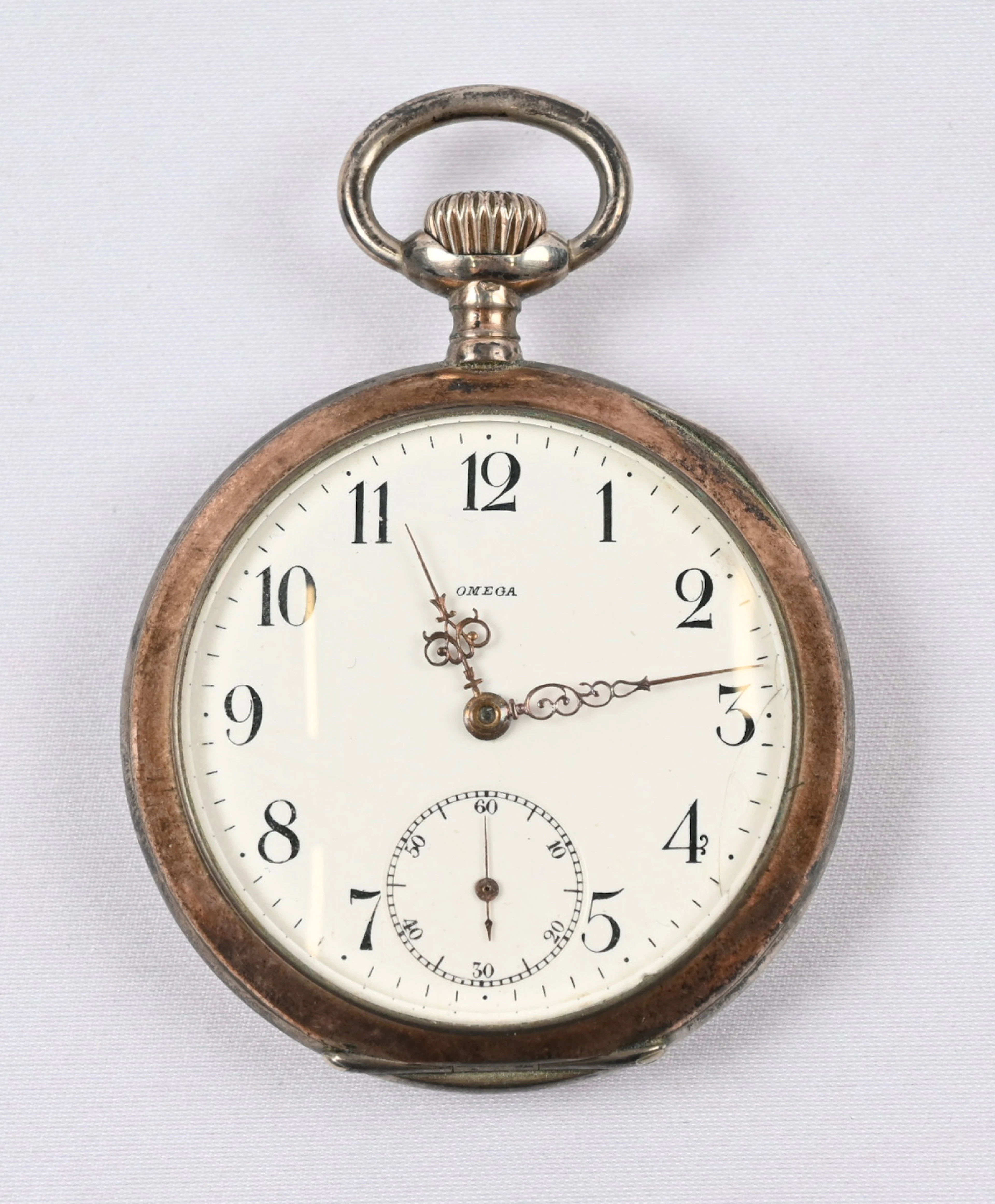 Omega silver-cased pocket watch. Normal signs of use. In working condition