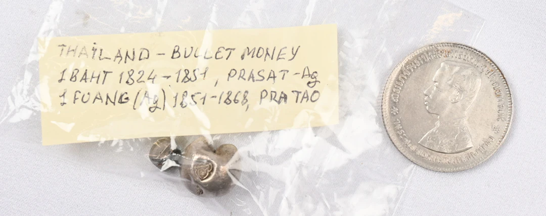 Thailand, two old bullet coins 1 Baht as well as 1 Fuang silver from