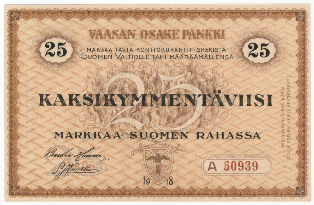 Vaasan Osake Pankki 1918 25 markka A, condition 1+