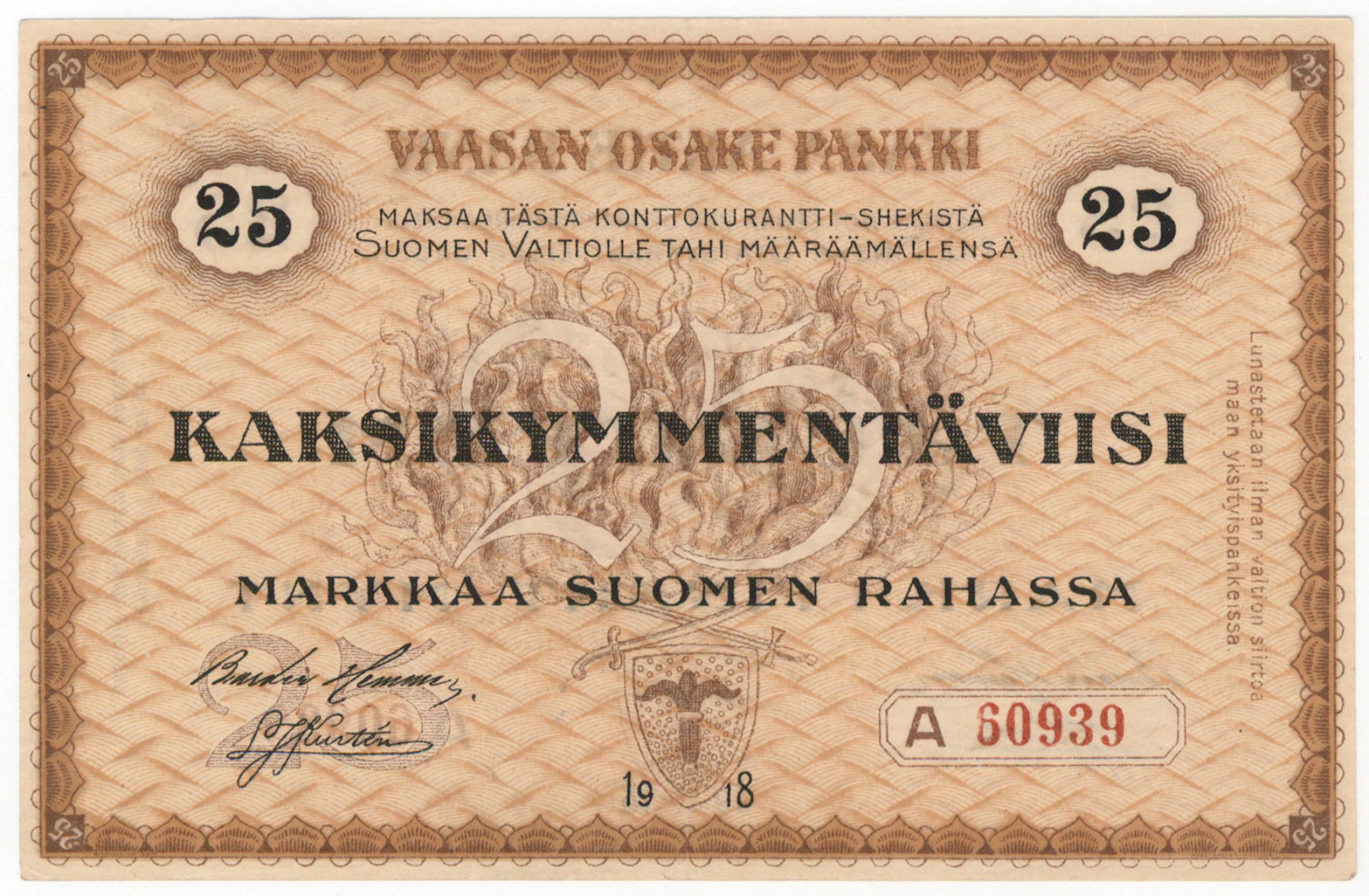 Vaasan Osake Pankki 1918 25 markka A, condition 1+