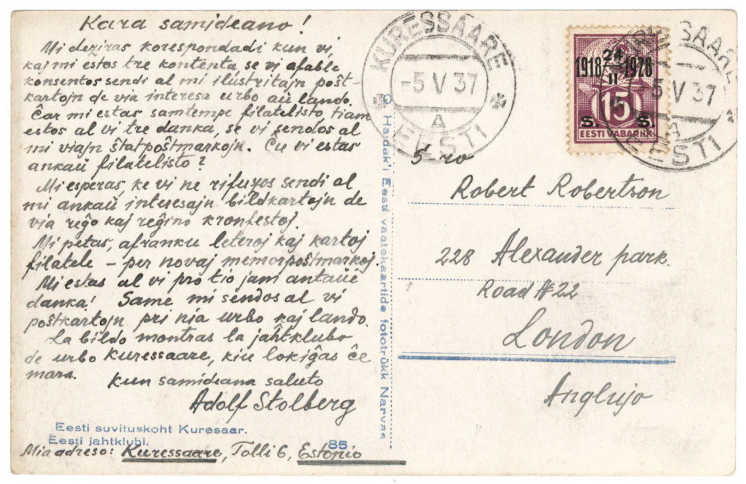 1928 Smith 15s / 15 M surcharge Mi 71, single on a postcard to England