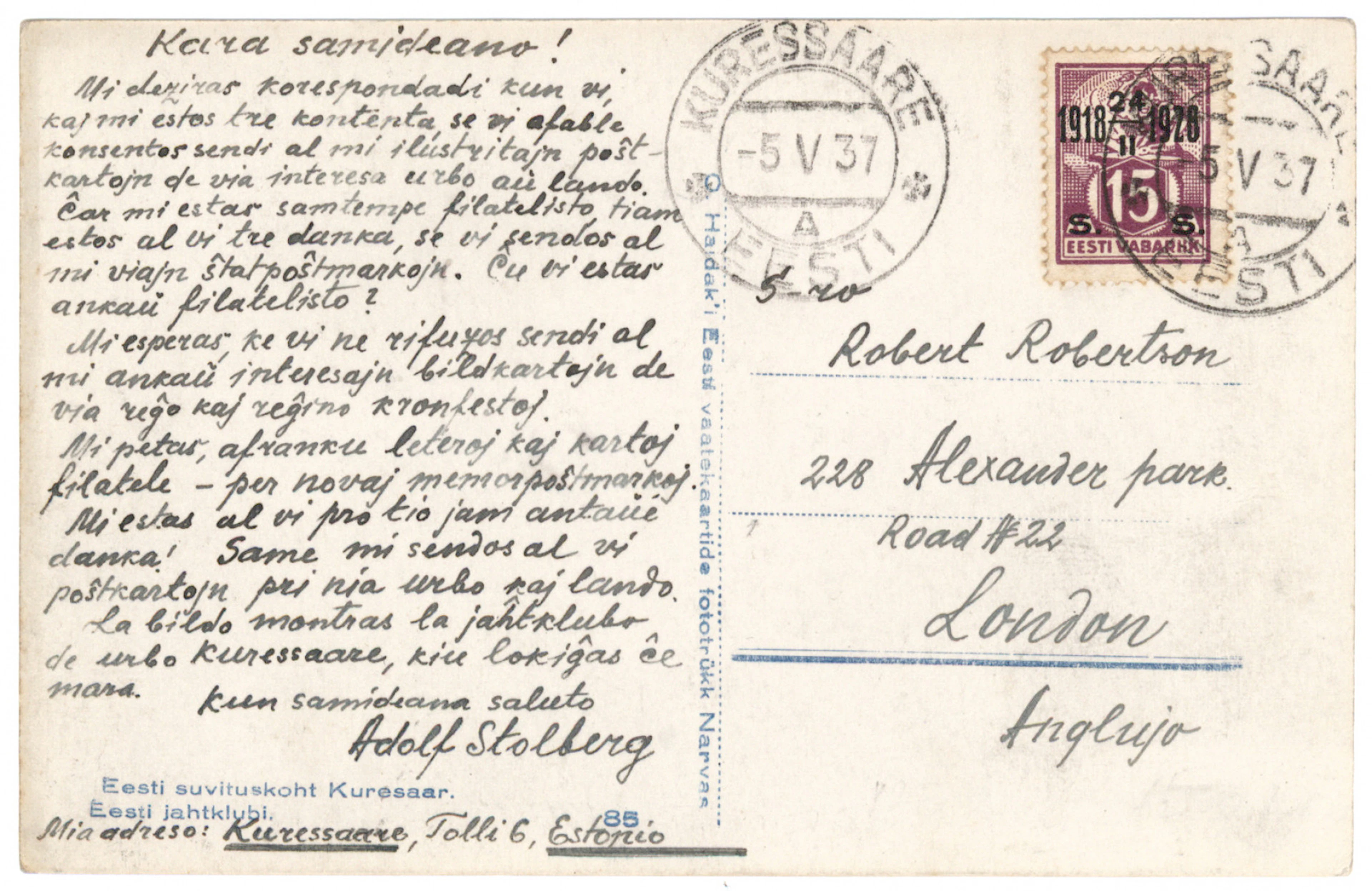 1928 Smith 15s / 15 M surcharge Mi 71, single on a postcard to England