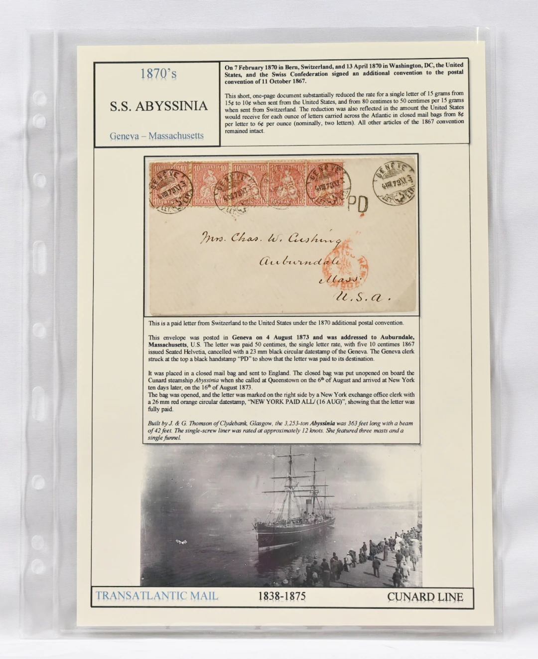 1873 letter from Geneva to United States, franked with five 10 centime
