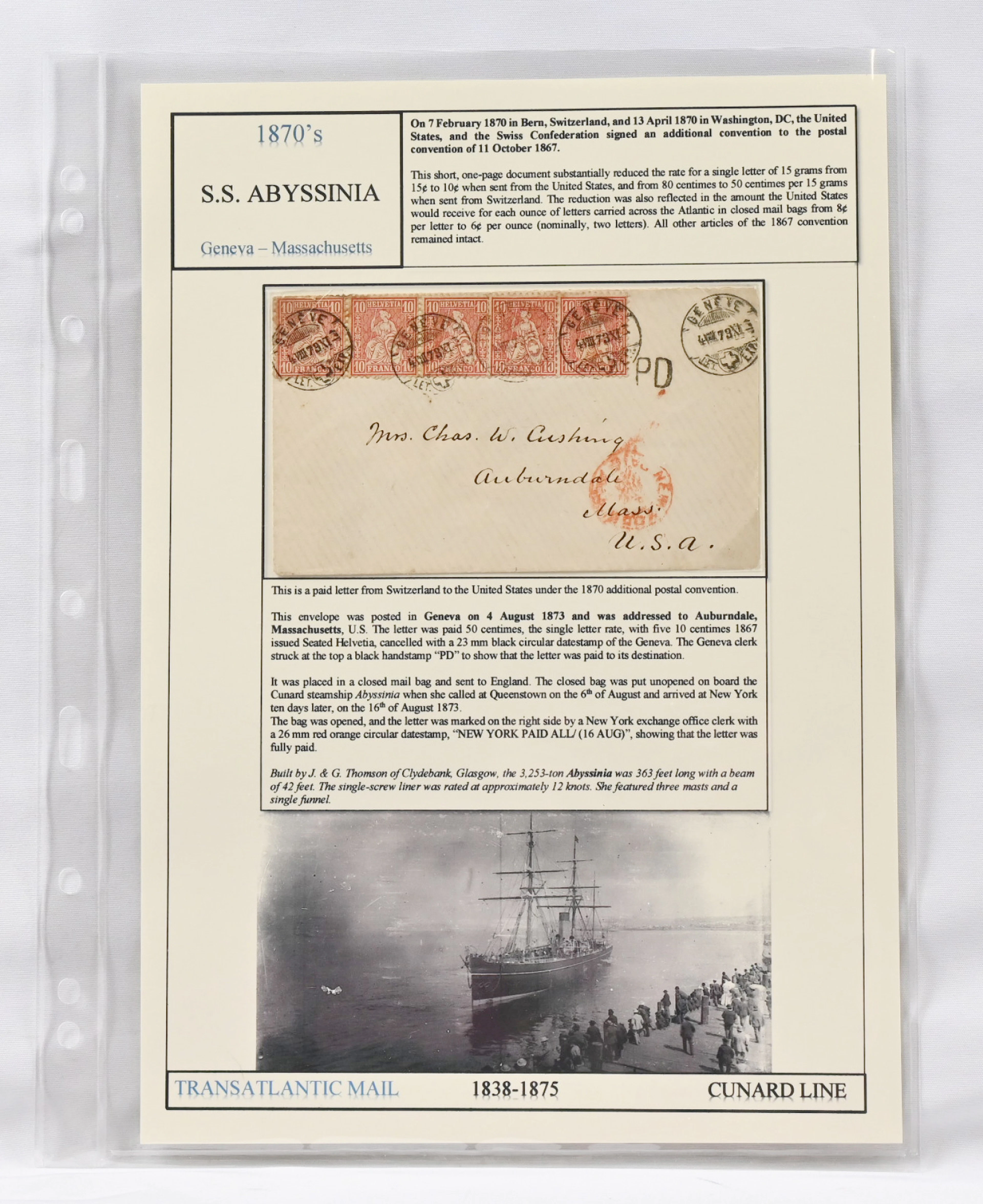 1873 letter from Geneva to United States, franked with five 10 centime