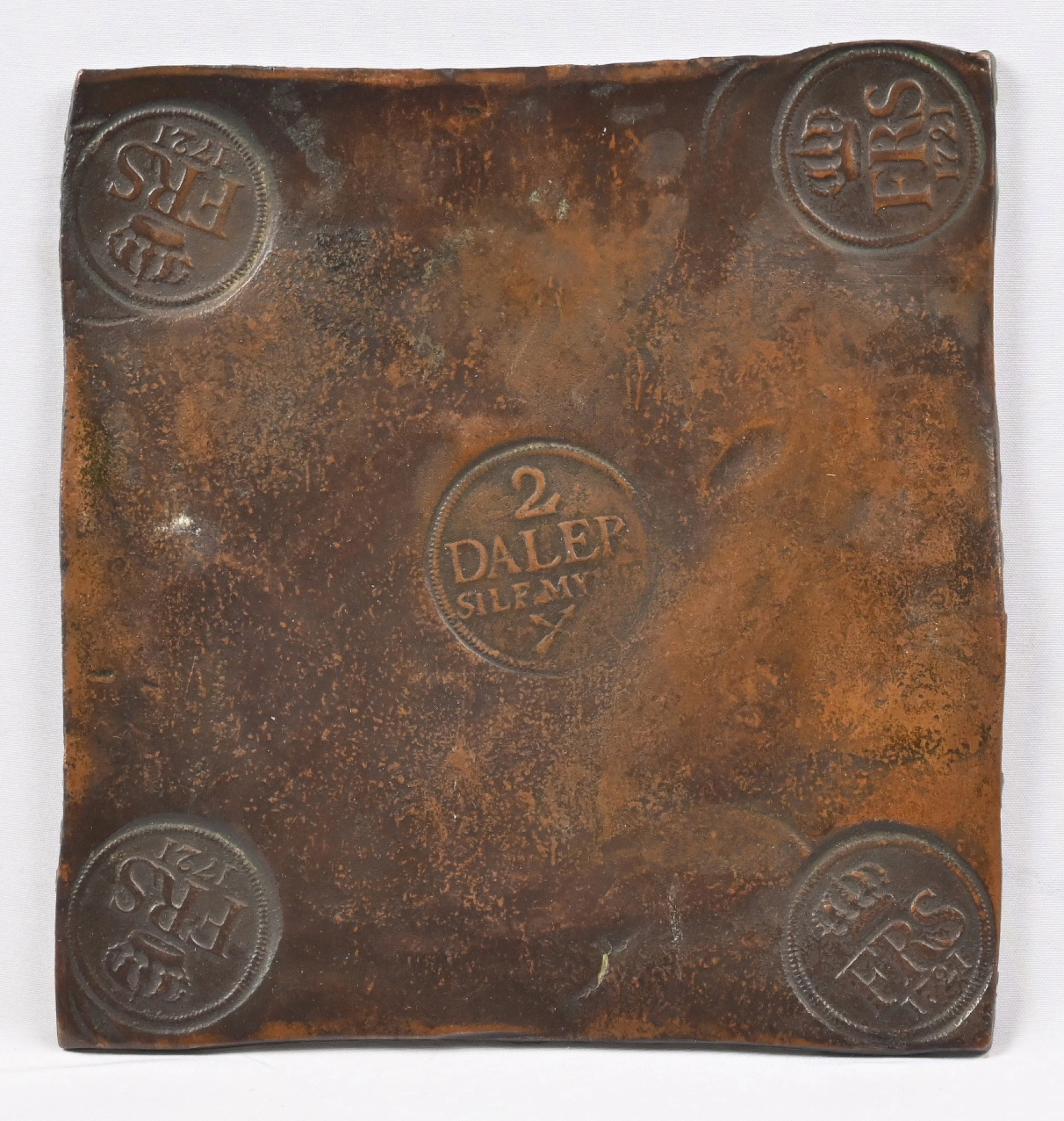 Sweden 1721 2 Daler plate money, size approximately 17 x 17.5 cm