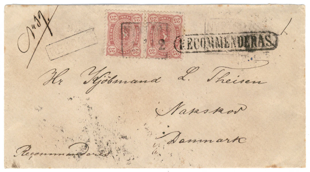 25 penni dull carmine pair on a registered cover to Denmark. High