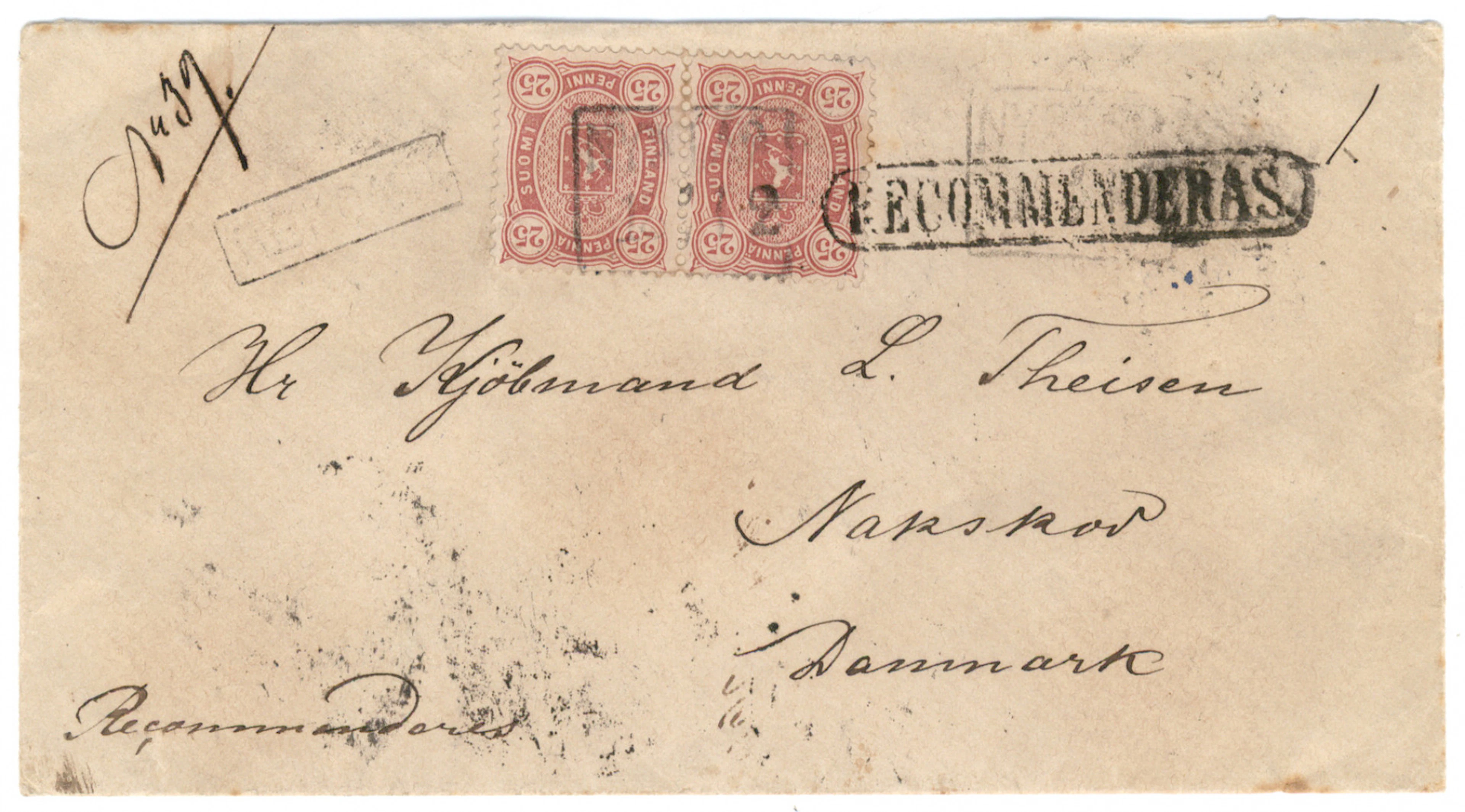 25 penni dull carmine pair on a registered cover to Denmark. High
