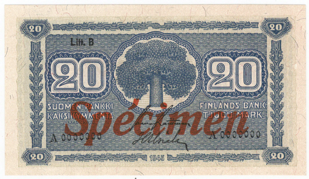 1945 20 markka Litt. B Specimen banknote! Condition 0-
