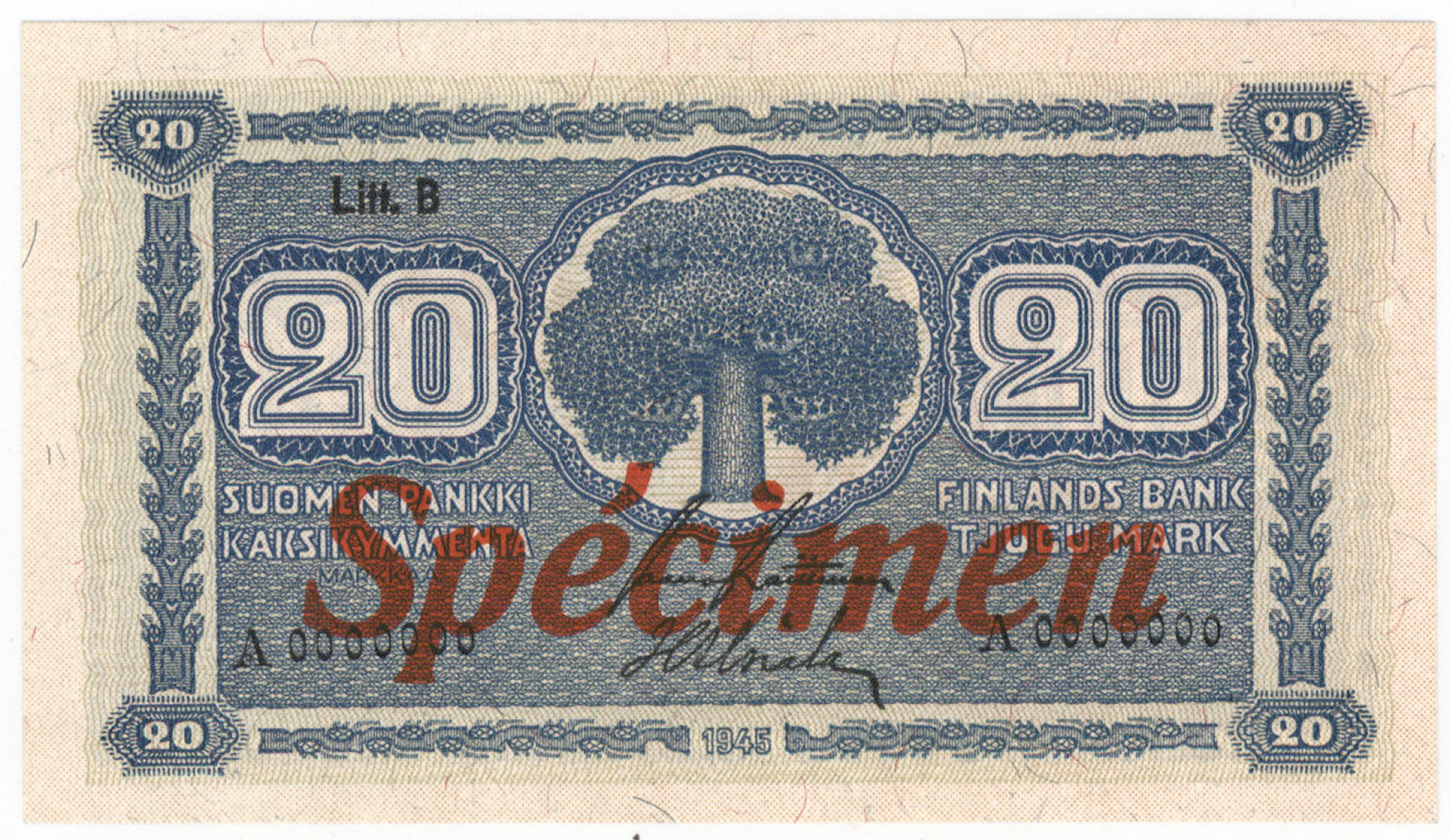 1945 20 markka Litt. B Specimen banknote! Condition 0-