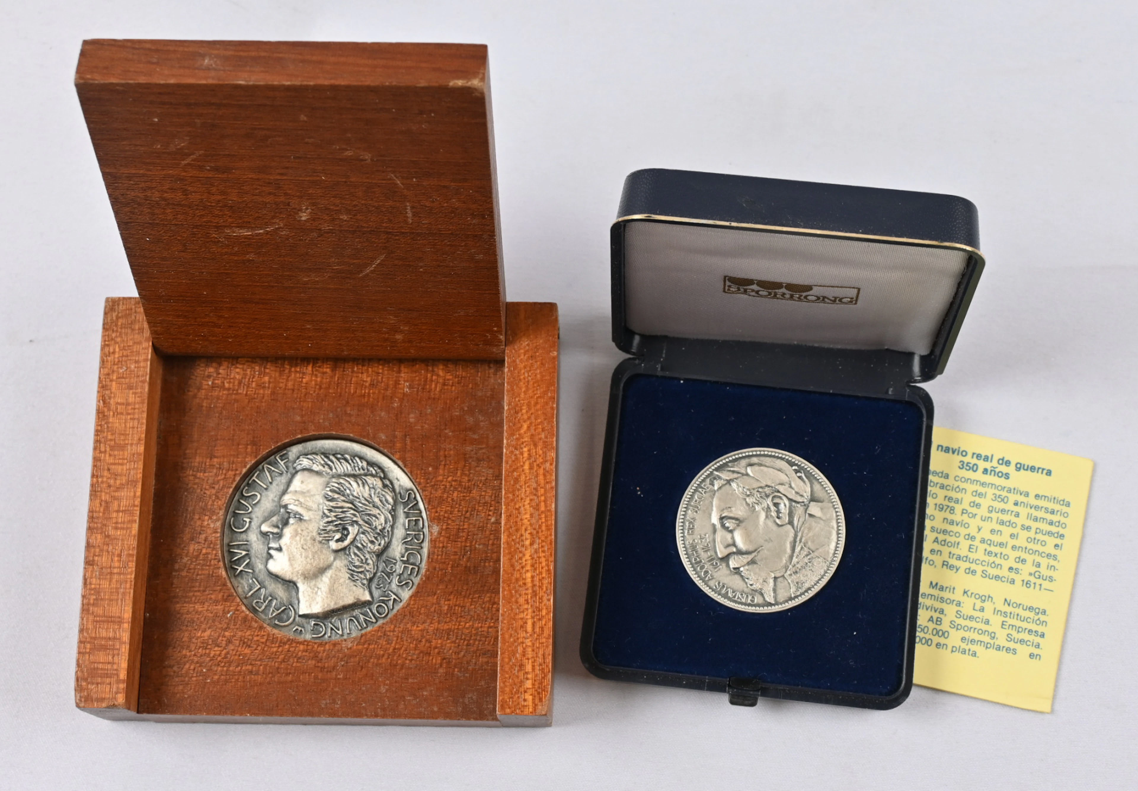 Two Swedish silver medals, Vasa ship 350 years (certificate) and Carl