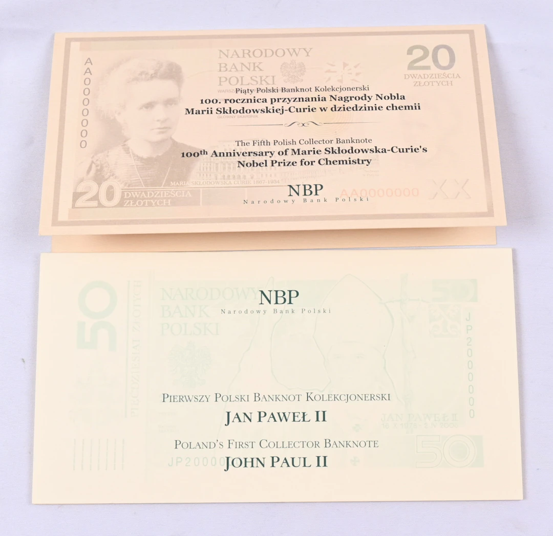 Poland 1996 50 Zloty Pope John Paul II, 2011 20 Zloty Marie Curie