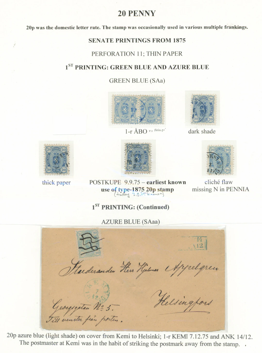 20 penni fine selection of green-blue stamps, four pieces and a pair