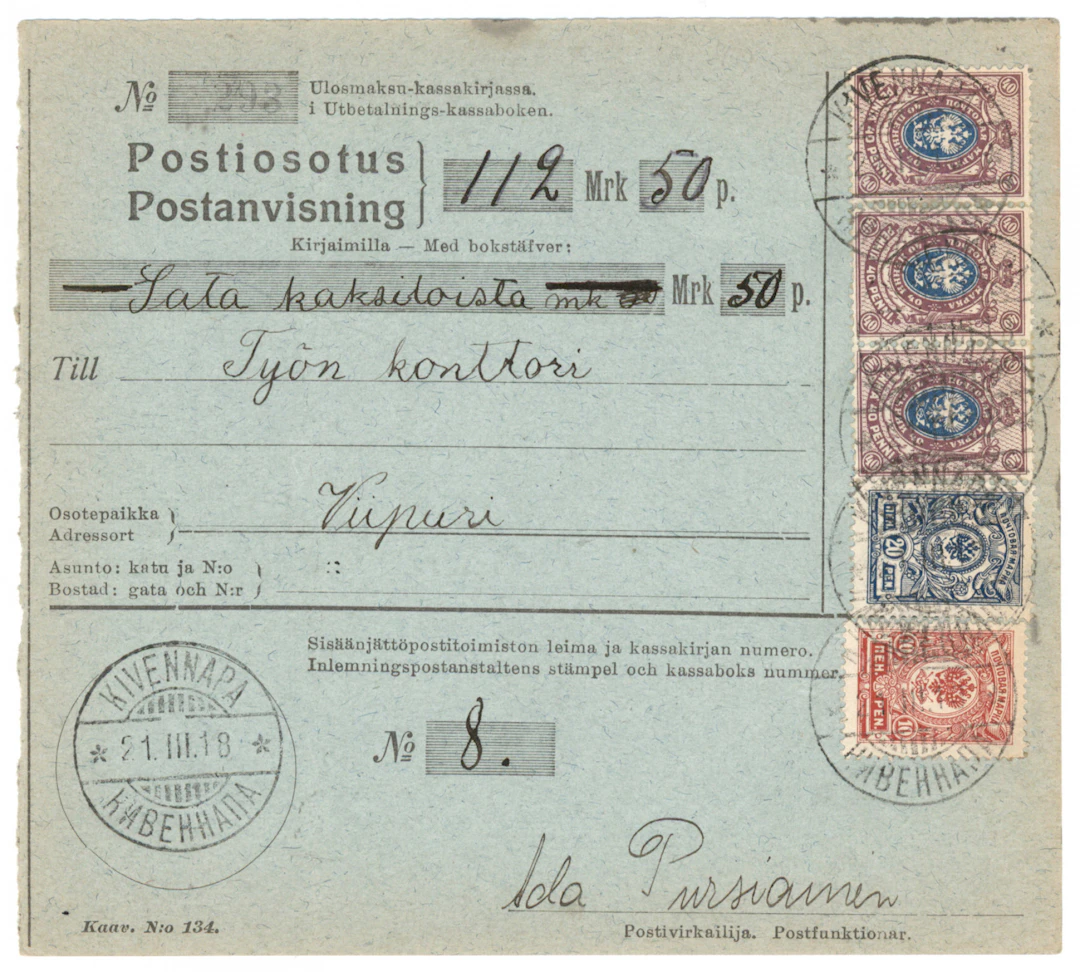 10 penni, 20 penni and 40 penni (3 pieces) on a money order in Red