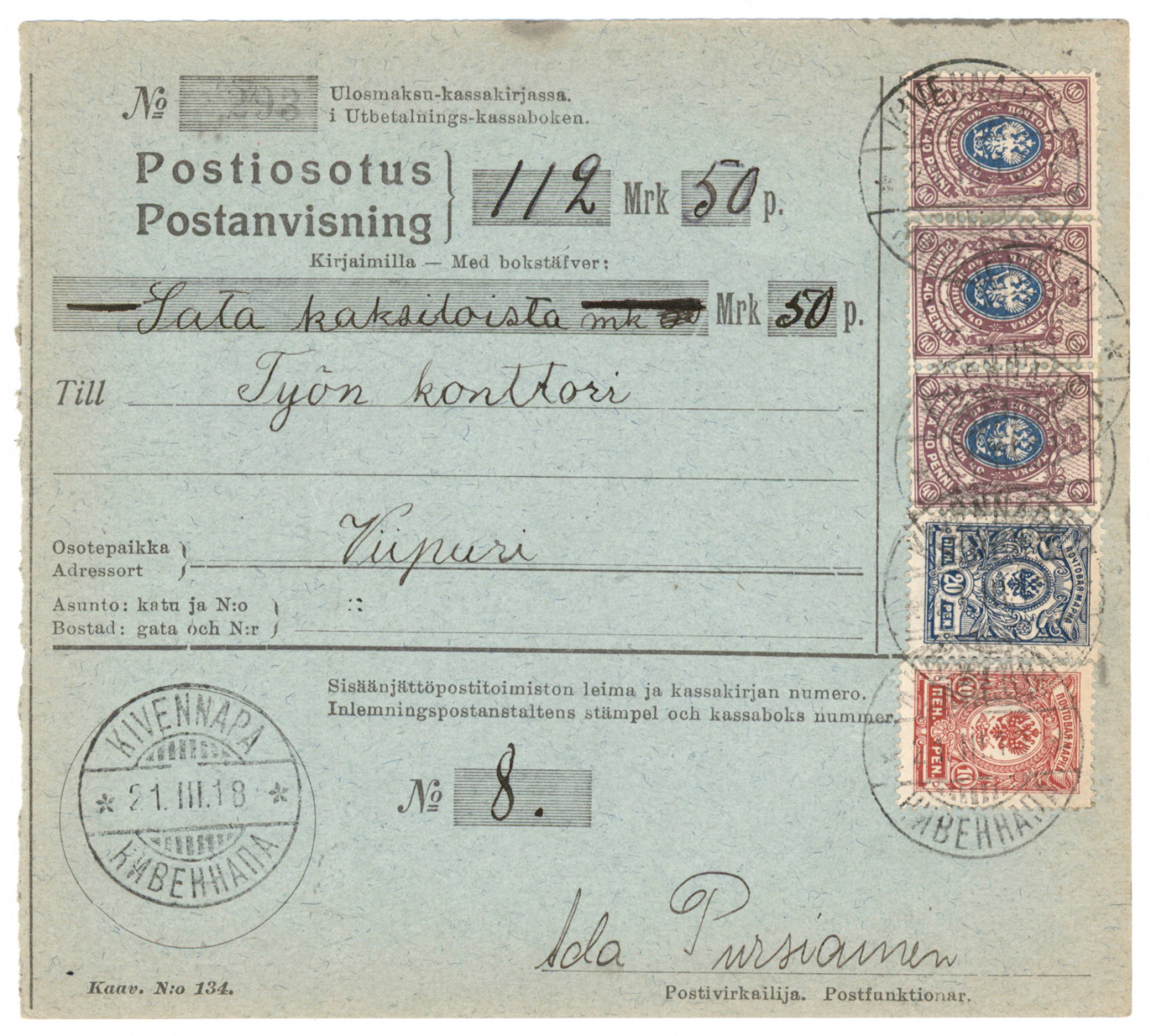 10 penni, 20 penni and 40 penni (3 pieces) on a money order in Red