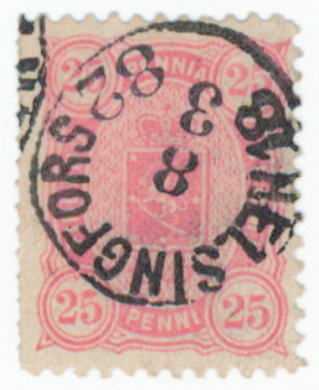 25 penni aniline-red, DIAMOND PERFORATION, beautiful Helsingfors 8.3.1882.