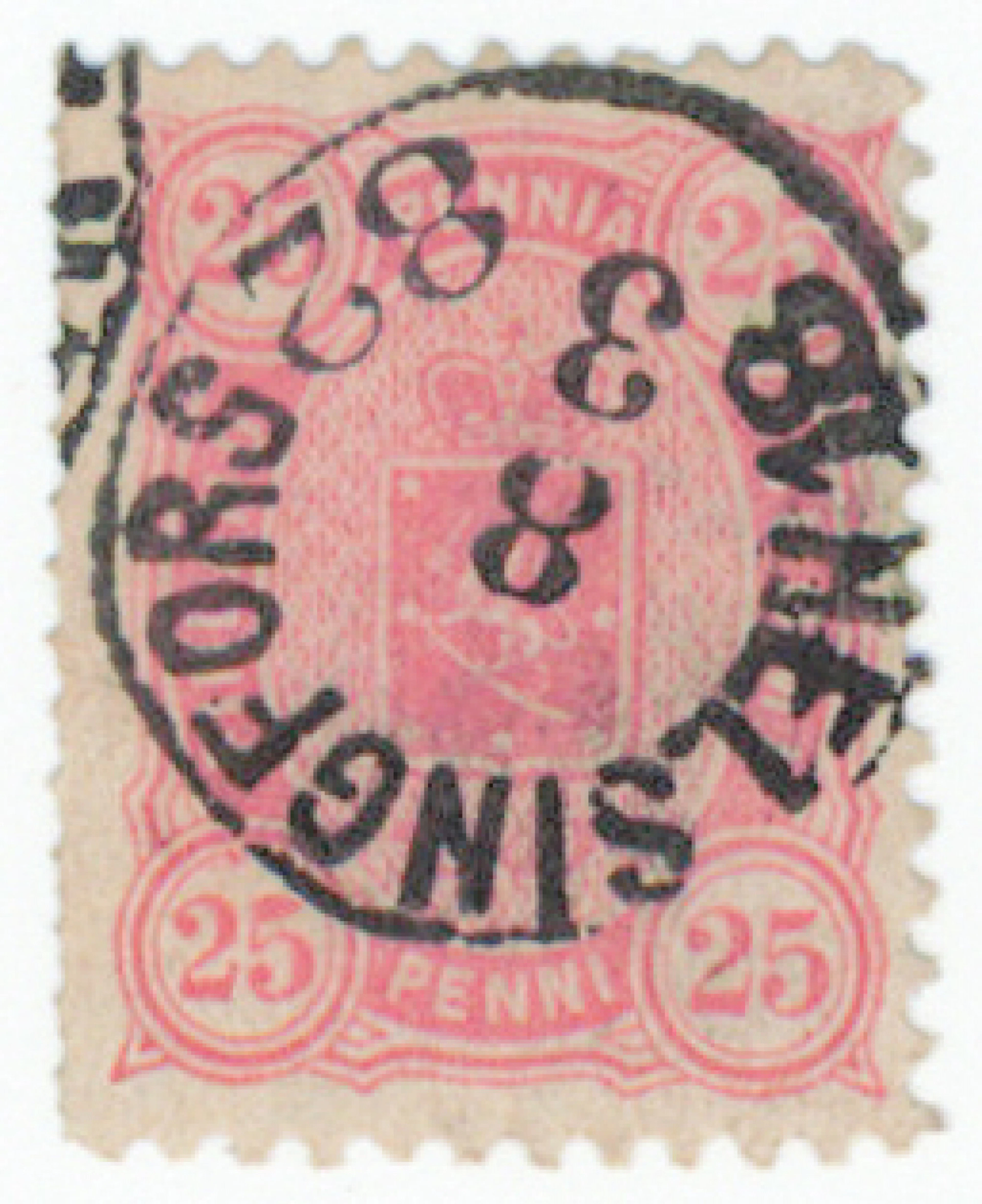 25 penni aniline-red, DIAMOND PERFORATION, beautiful Helsingfors 8.3.1882.