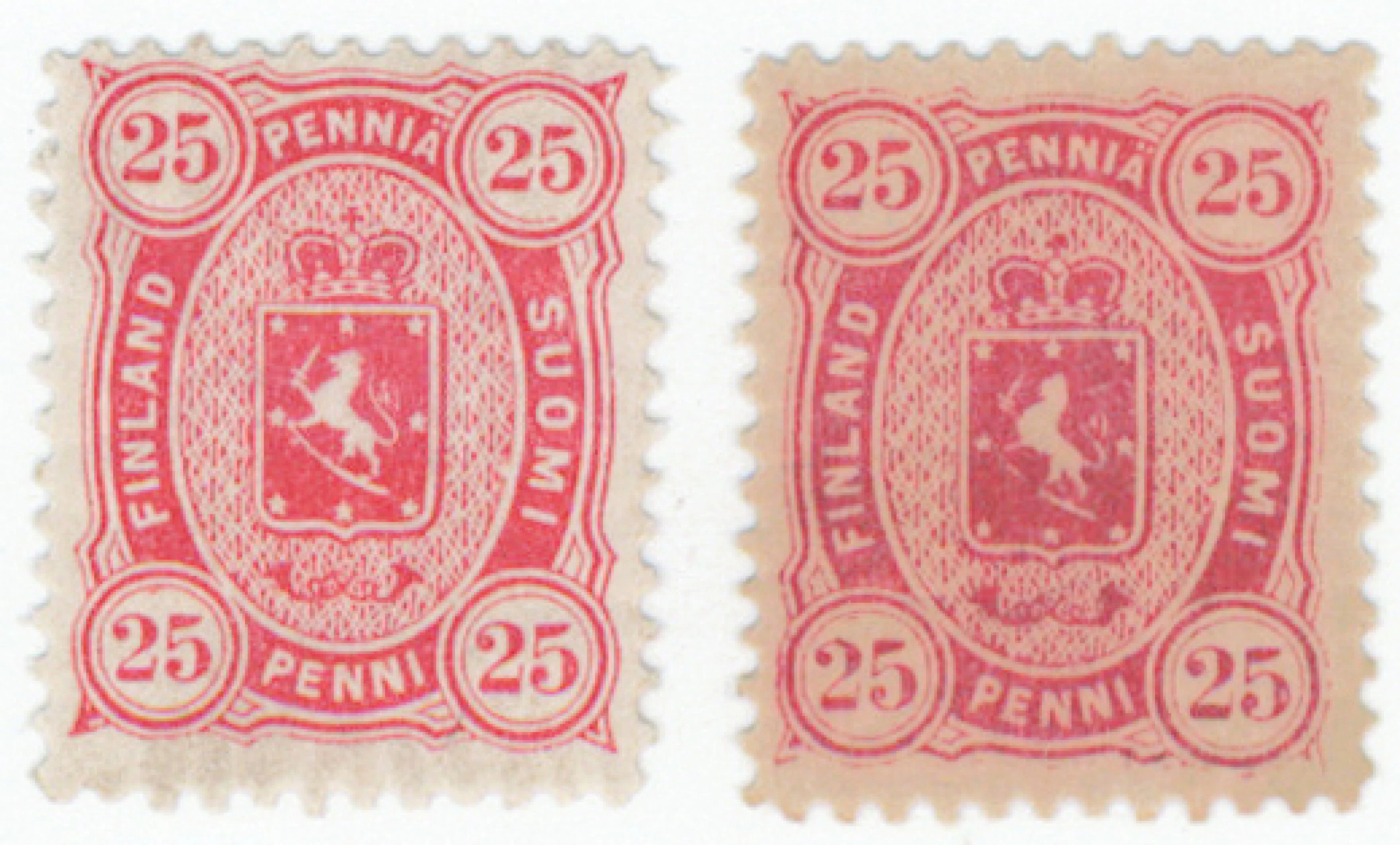 25 penni strong aniline-red, two very fine mint ** stamps, on one