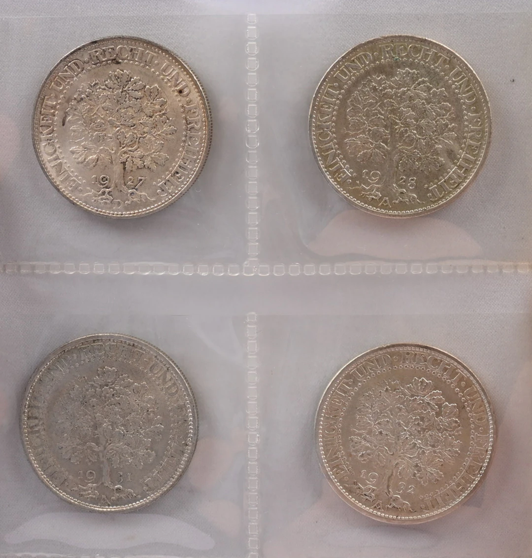 Germany, Weimar Republic, four fine 5 Reichsmark silver coins: 1927