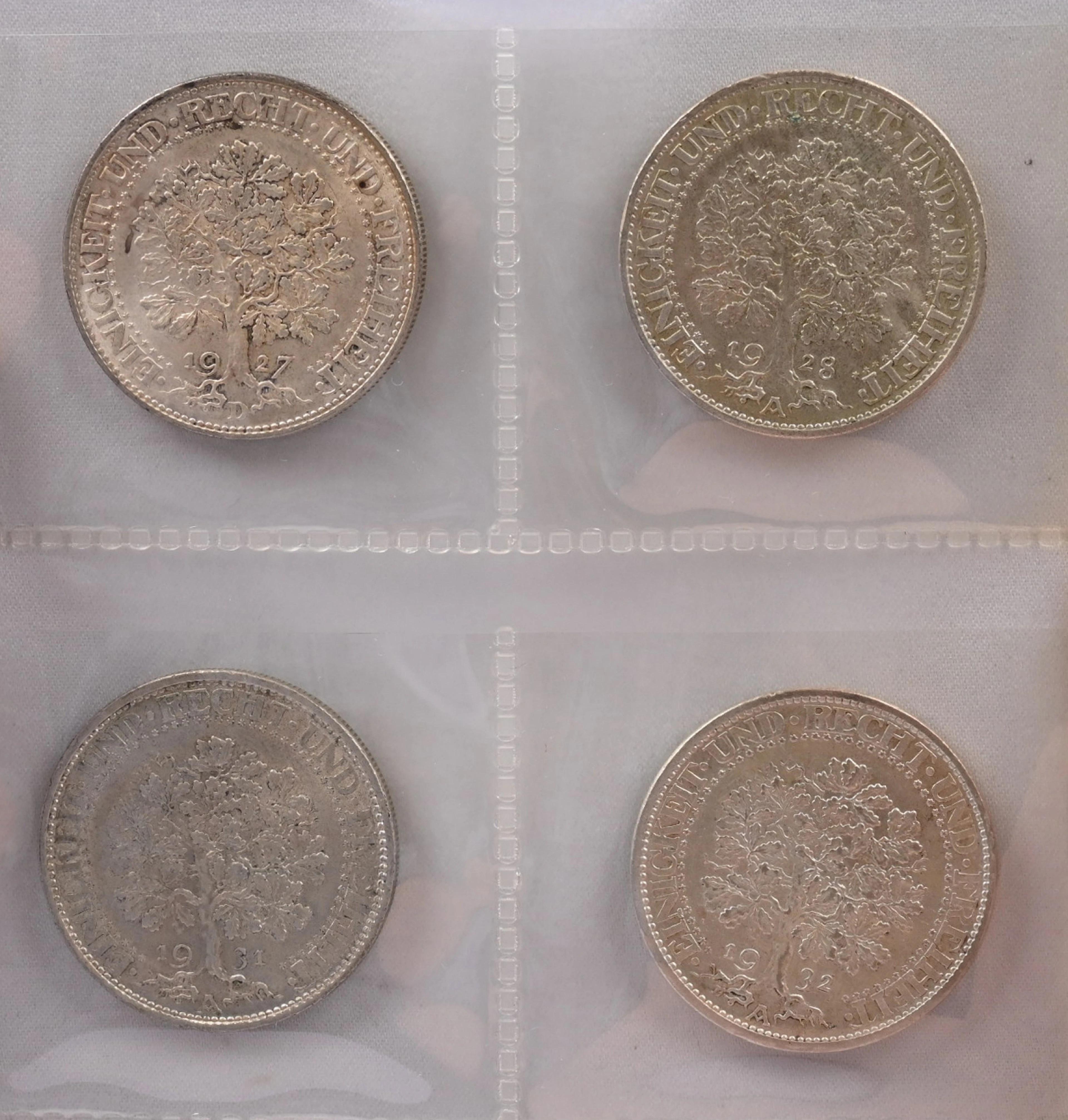 Germany, Weimar Republic, four fine 5 Reichsmark silver coins: 1927