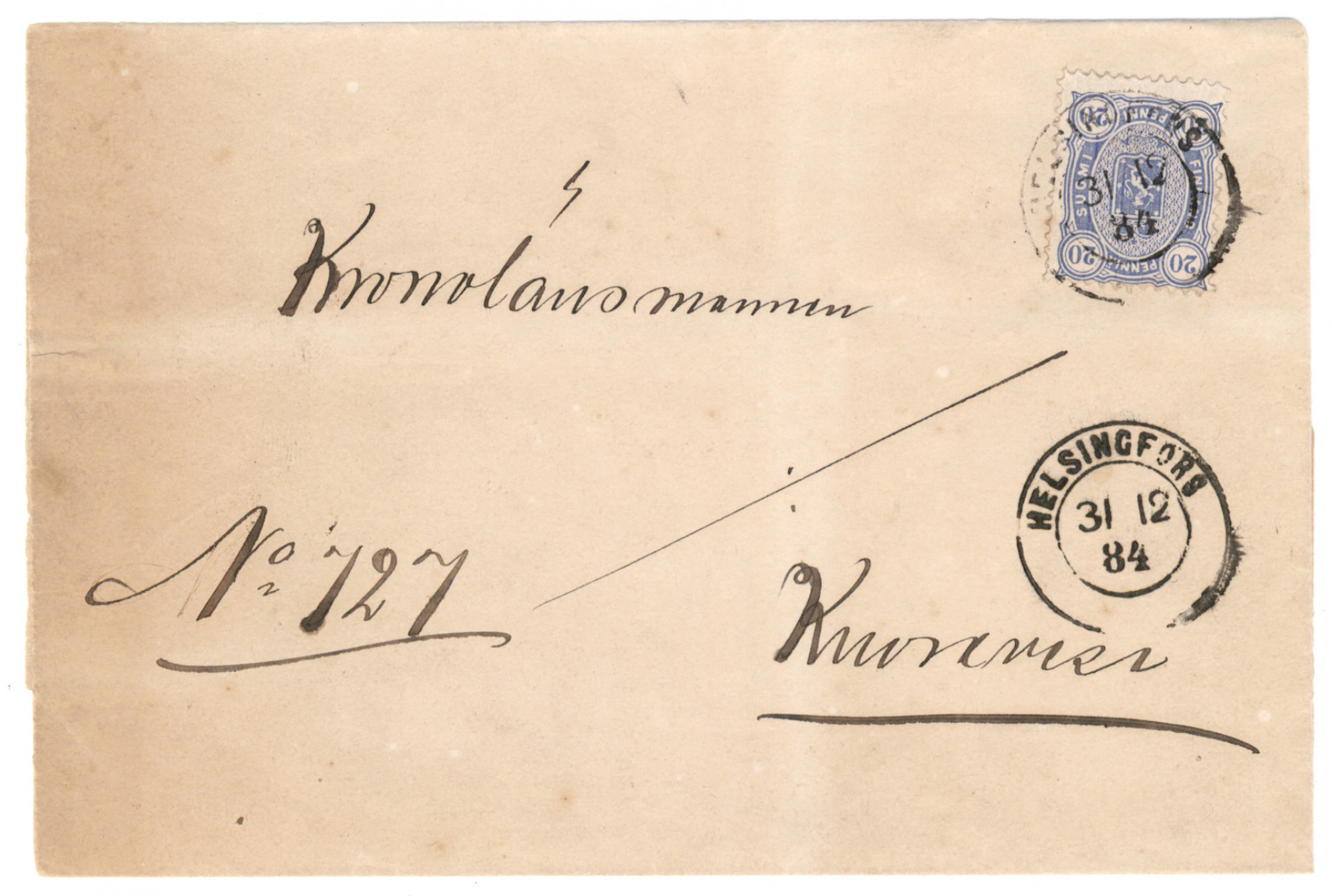 20 penni grayish ultramarine on a rare document wrapper, Helsingfors