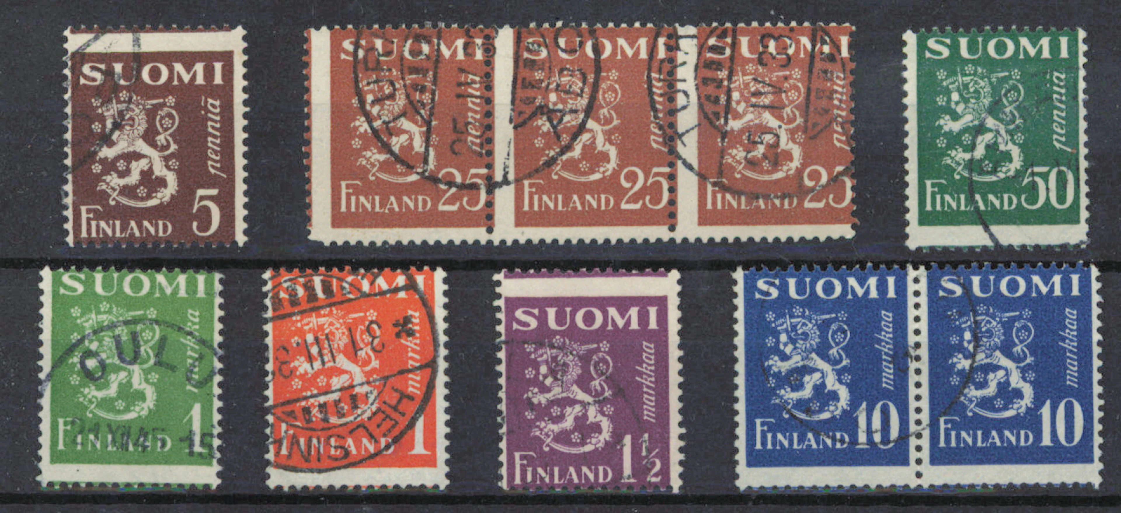 Small selection of shifted perforations, seven items, eg. 25 penni