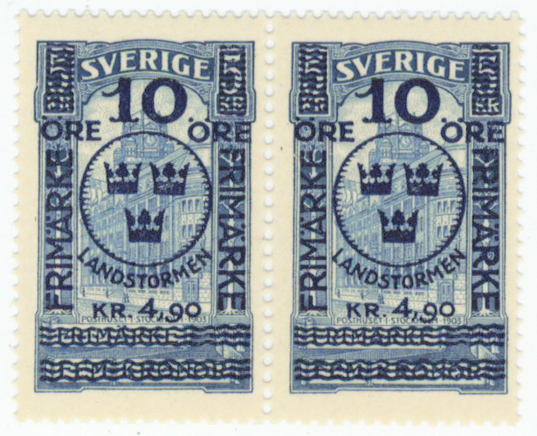 1916 Landstormen III overprint 10 öre + 4.90 krona / 5 krona F 125