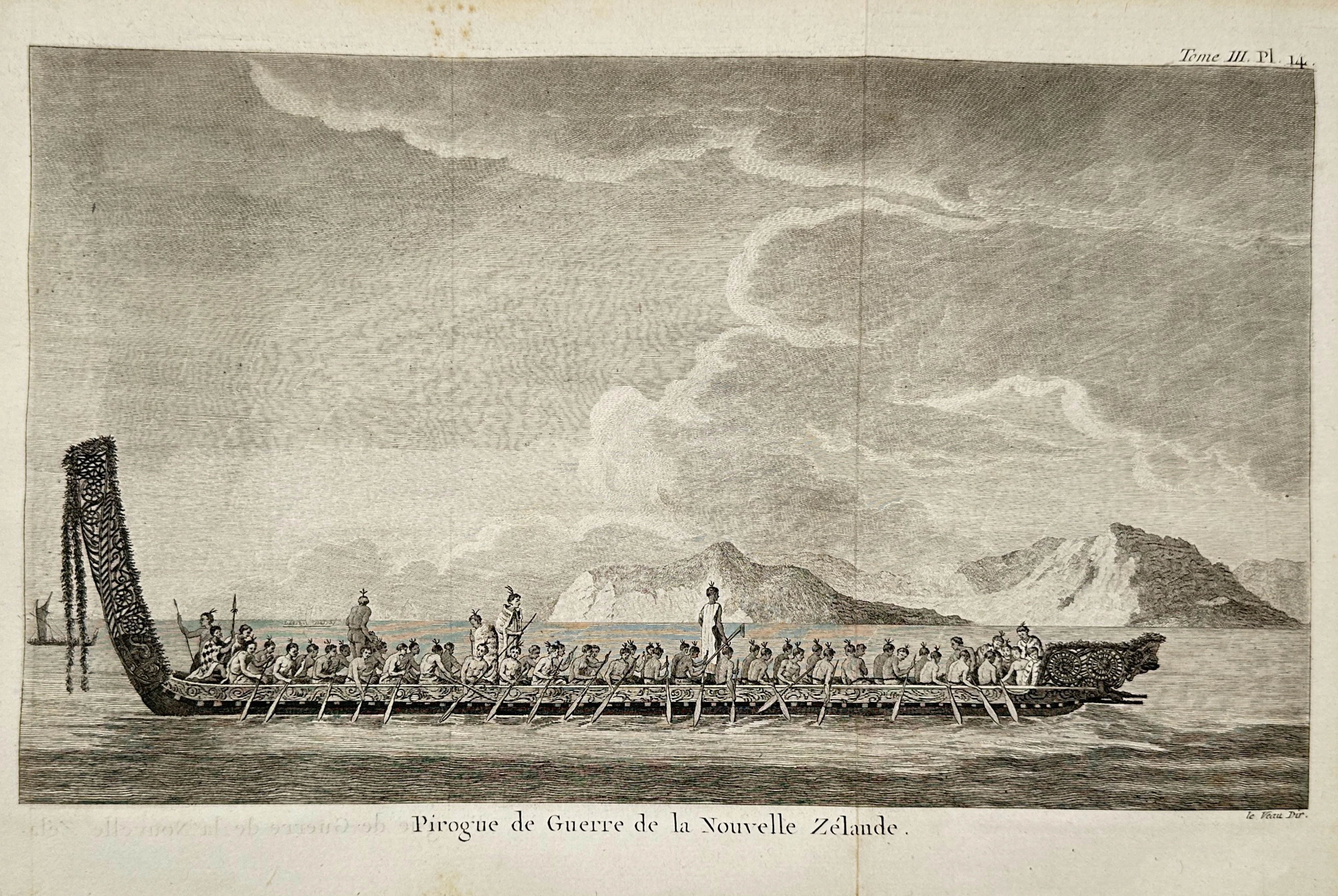 John Hawkesworth (1715–1773) – War Canoe of New Zealand – engraving (1774)